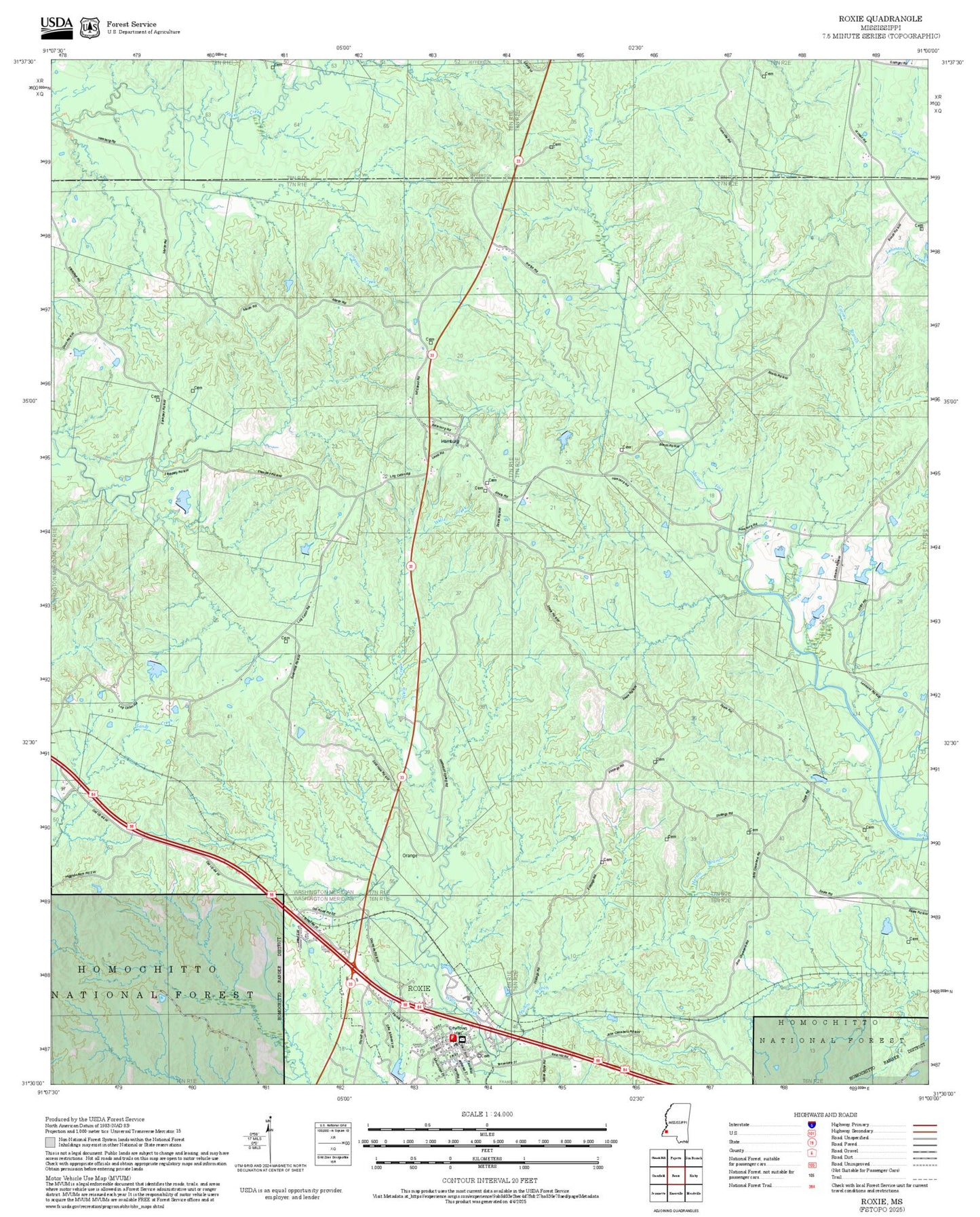 2025 Forest Service Topo Map of Roxie Mississippi
