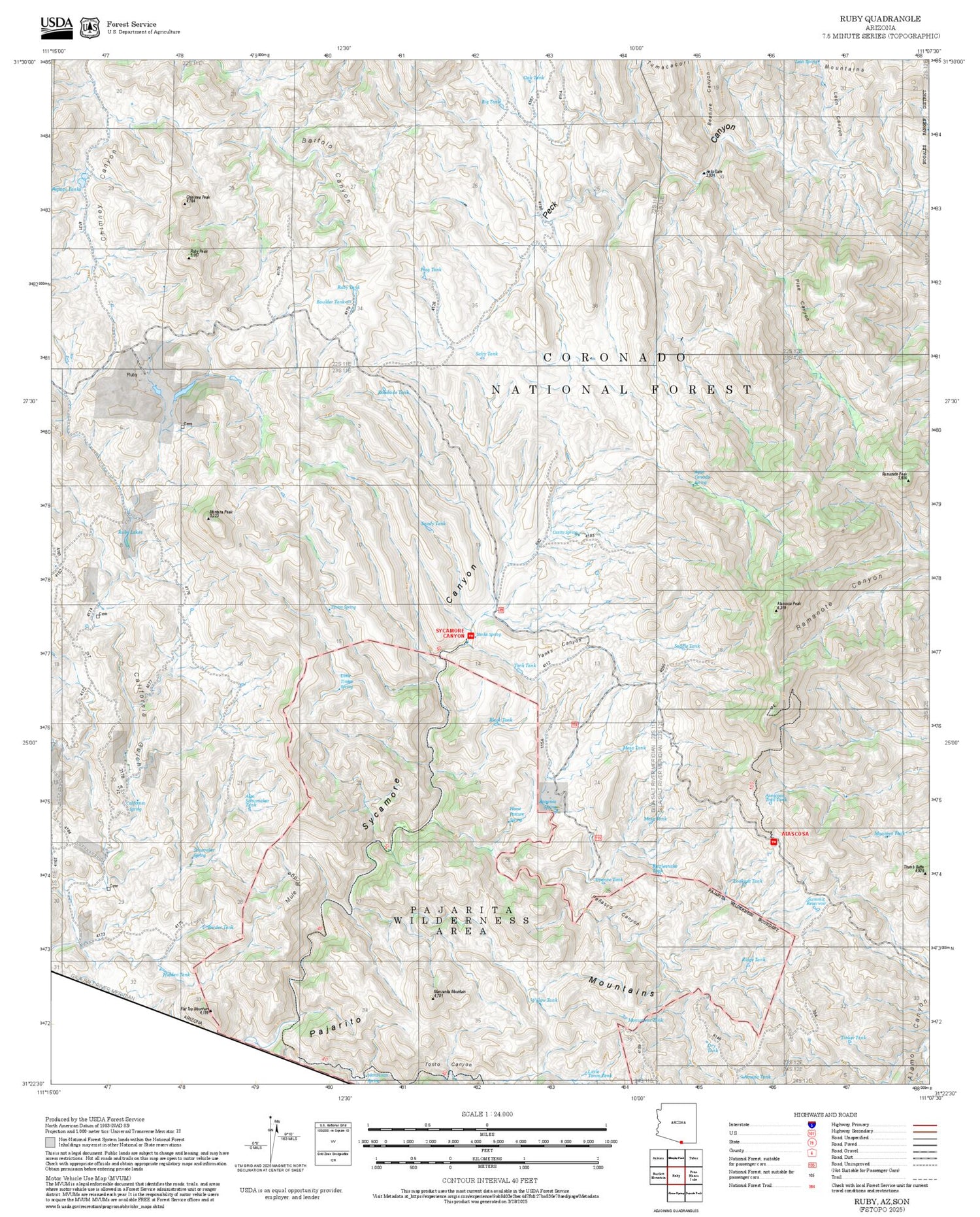 2025 Forest Service Topo Map of Ruby Arizona