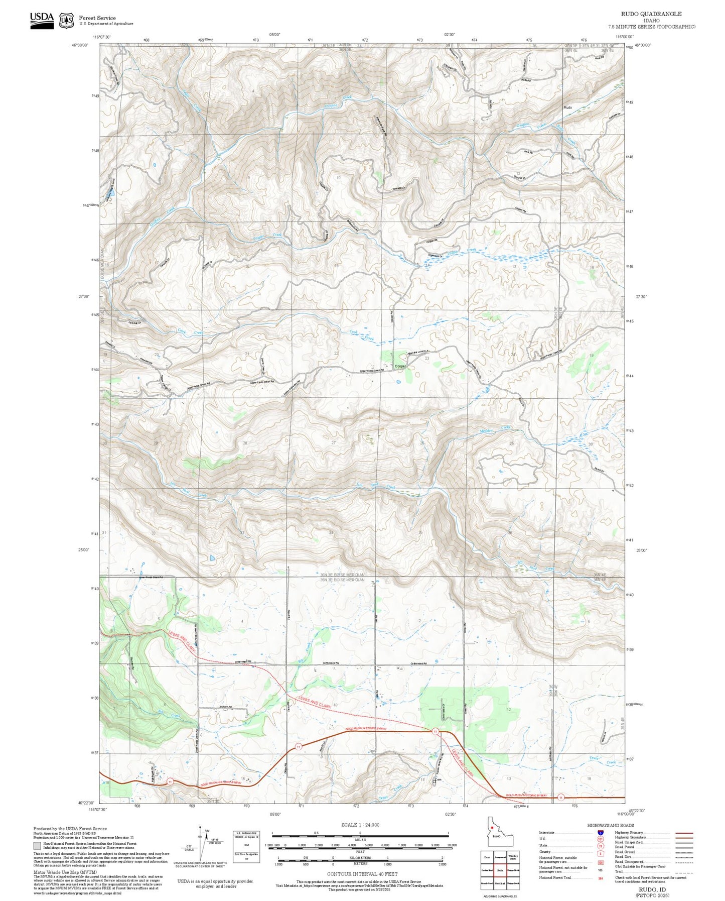 2025 Forest Service Topo Map of Rudo Idaho