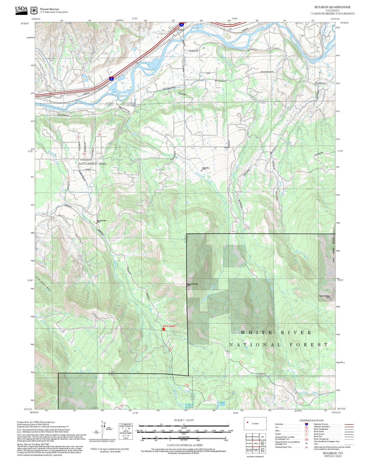 2025 Forest Service Topo Map of Rulison Colorado