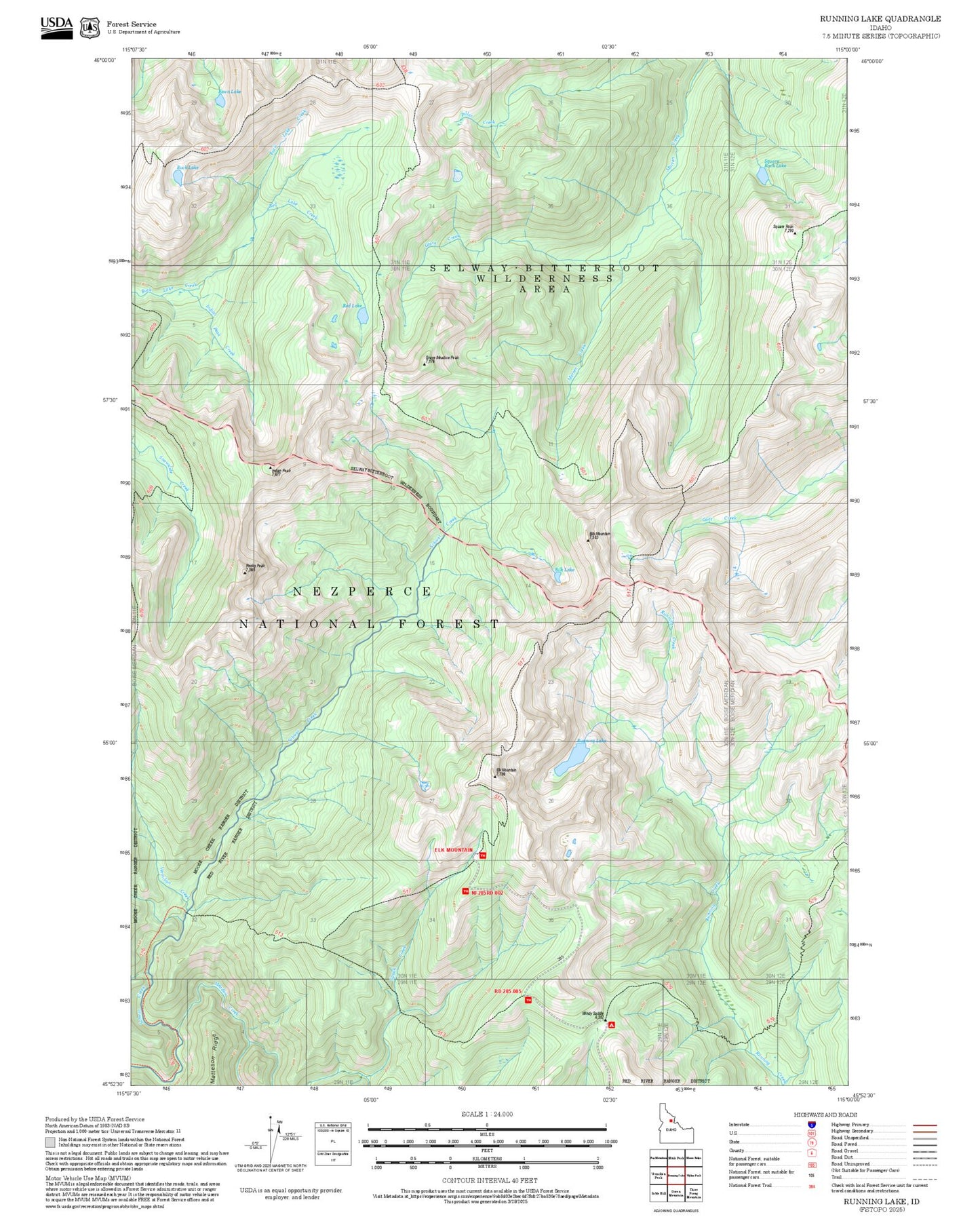 2025 Forest Service Topo Map of Running Lake Idaho