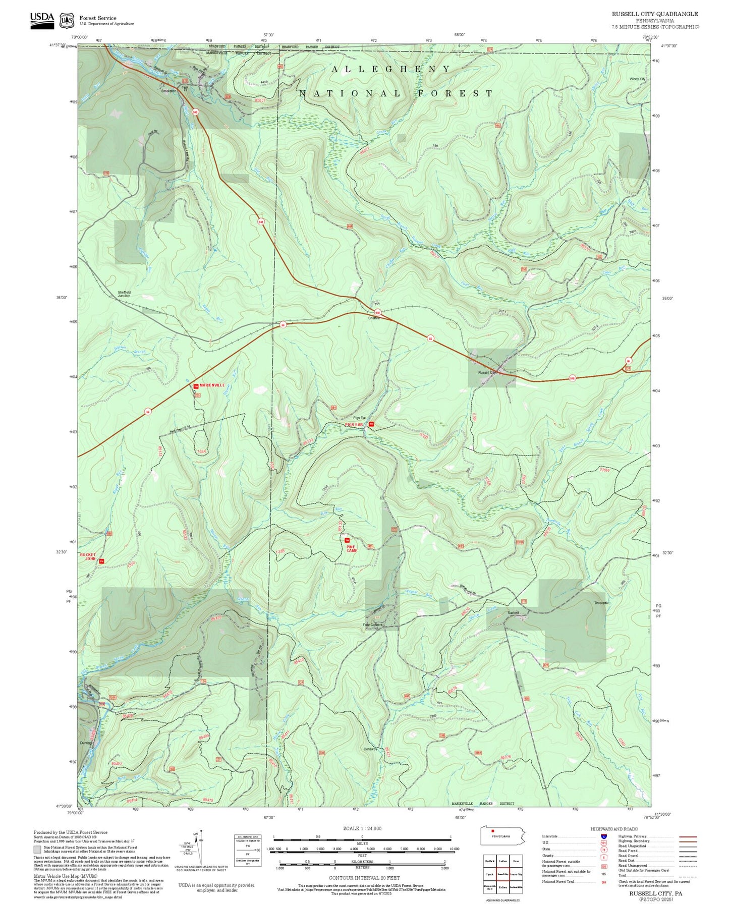 2025 Forest Service Topo Map of Russell City Pennsylvania