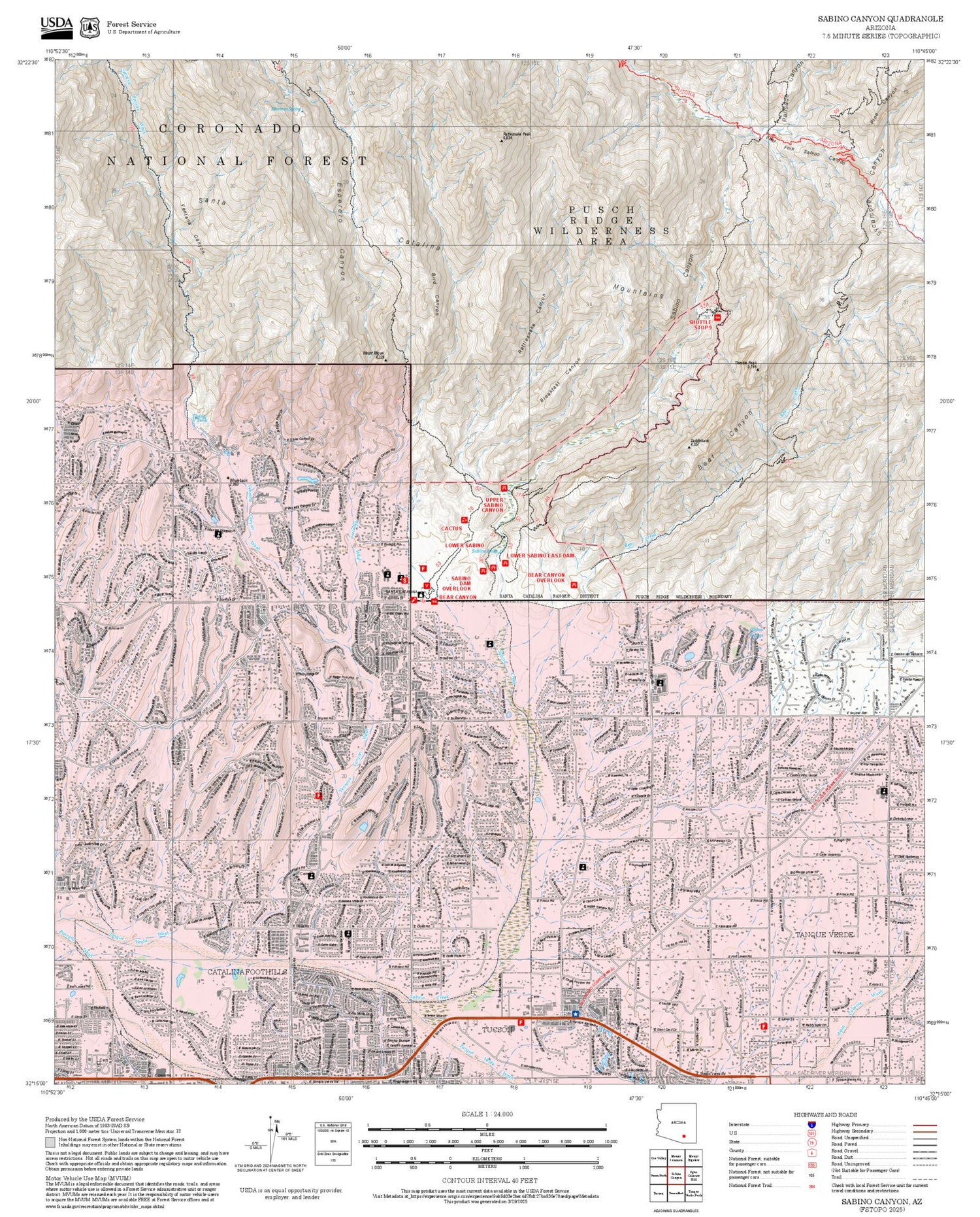 2025 Forest Service Topo Map of Sabino Canyon Arizona