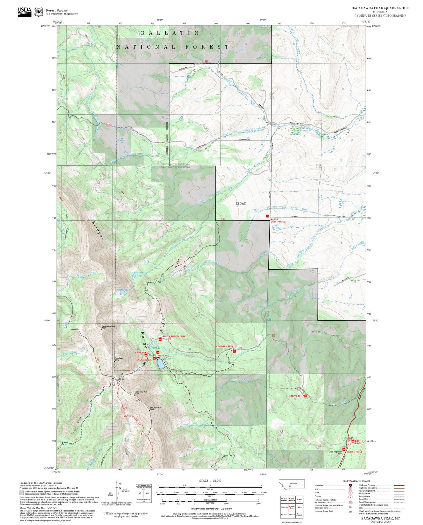 2025 Forest Service Topo Map of Sacagawea Peak Montana