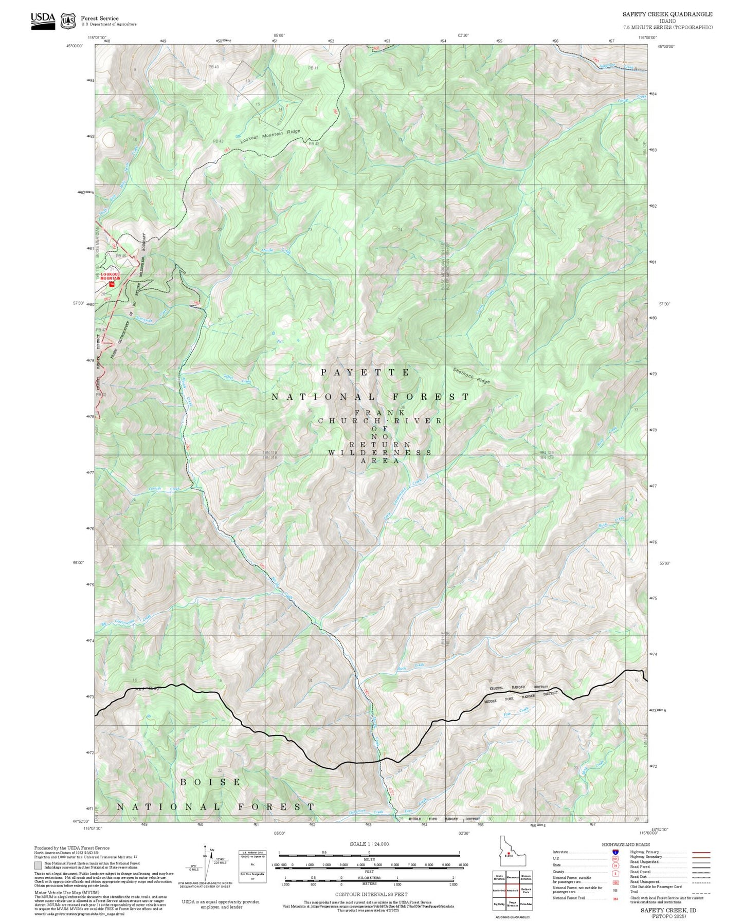 2025 Forest Service Topo Map of Safety Creek Idaho