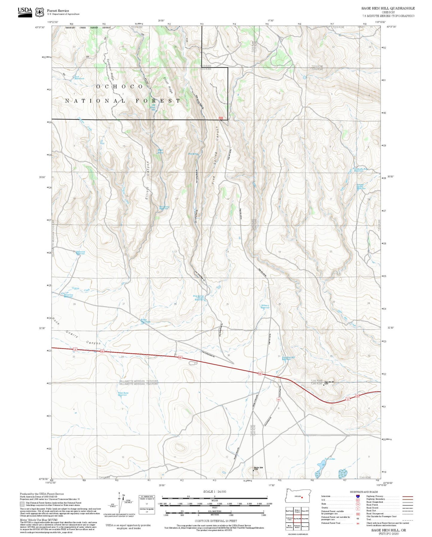 2025 Forest Service Topo Map of Sage Hen Hill Oregon