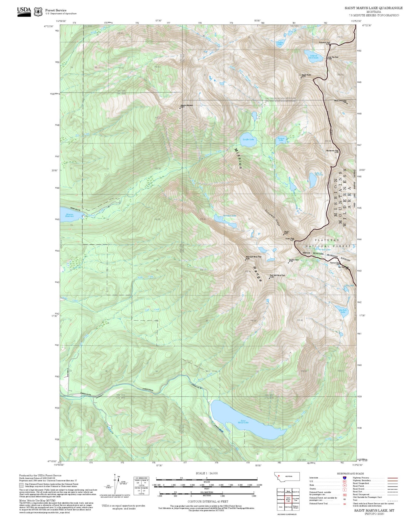 2025 Forest Service Topo Map of Saint Marys Lake Montana