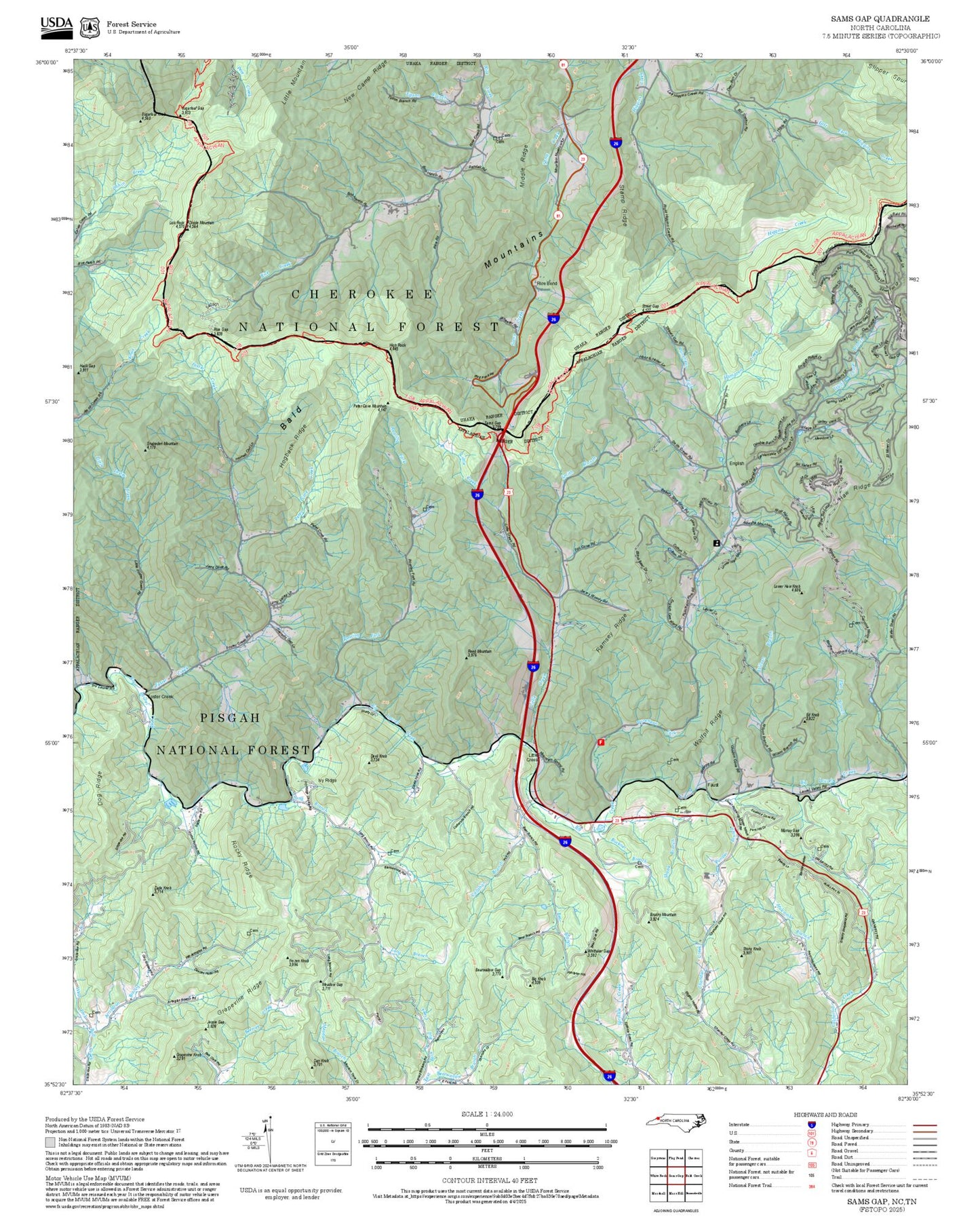 2025 Forest Service Topo Map of Sams Gap North Carolina