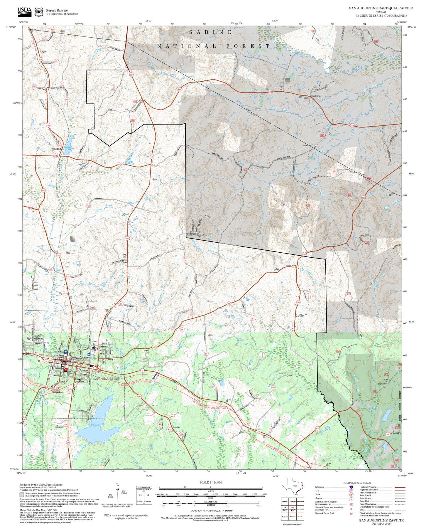 2025 Forest Service Topo Map of San Augustine East Texas