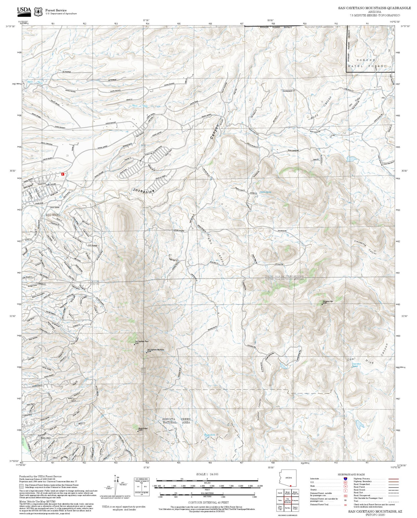 2025 Forest Service Topo Map of San Cayetano Mountains Arizona