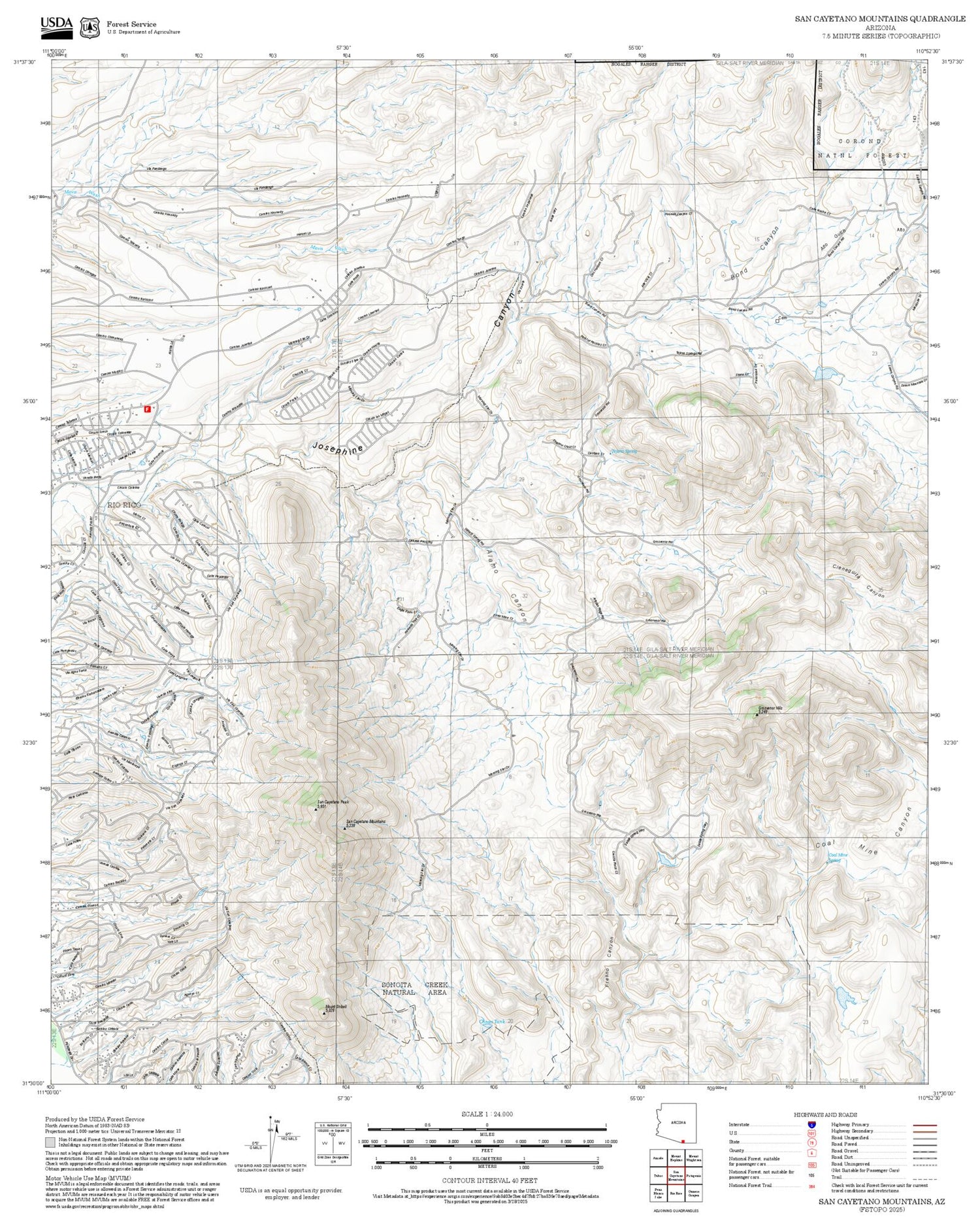 2025 Forest Service Topo Map of San Cayetano Mountains Arizona