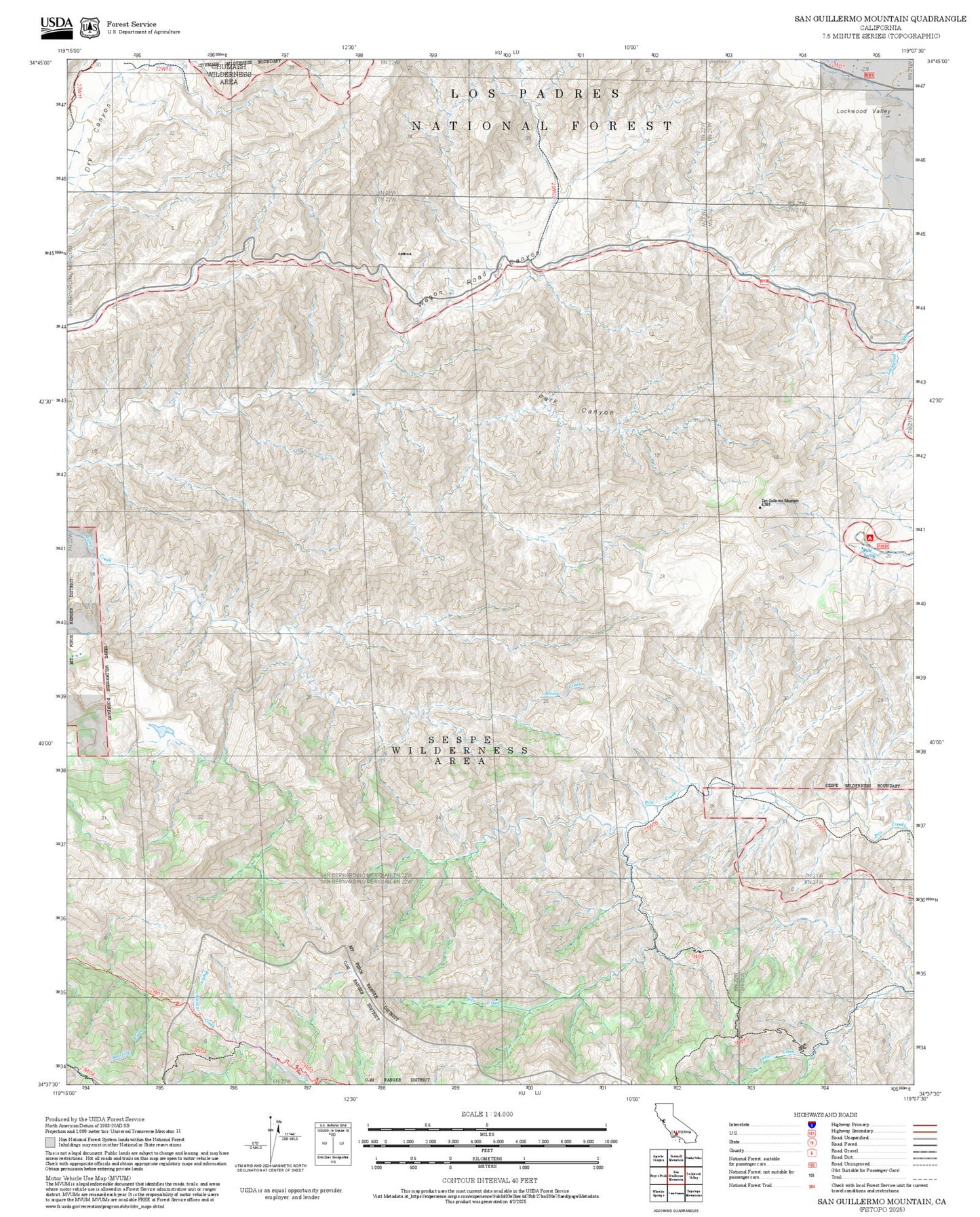 2025 Forest Service Topo Map of San Guillermo Mountain California