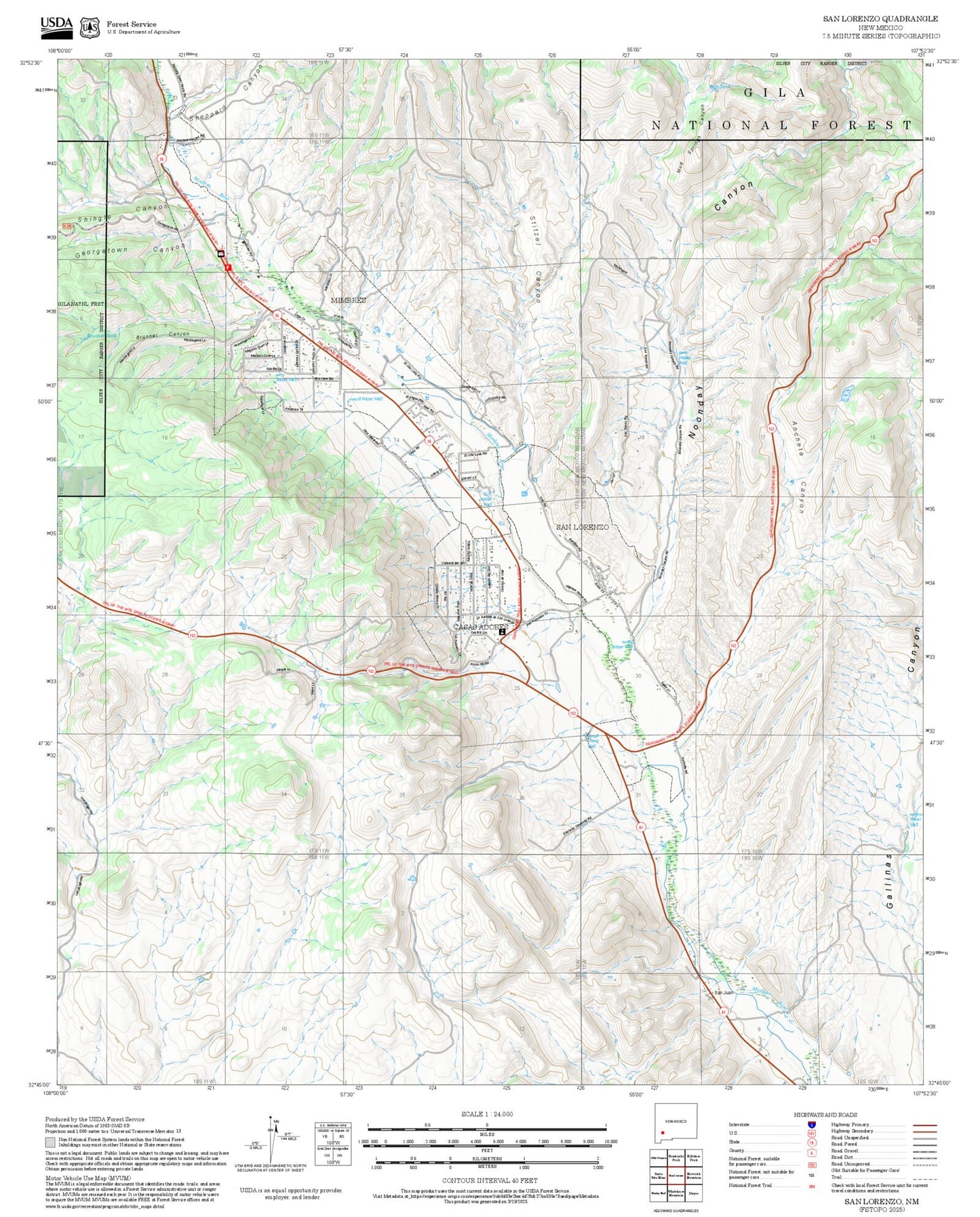 2025 Forest Service Topo Map of San Lorenzo New Mexico