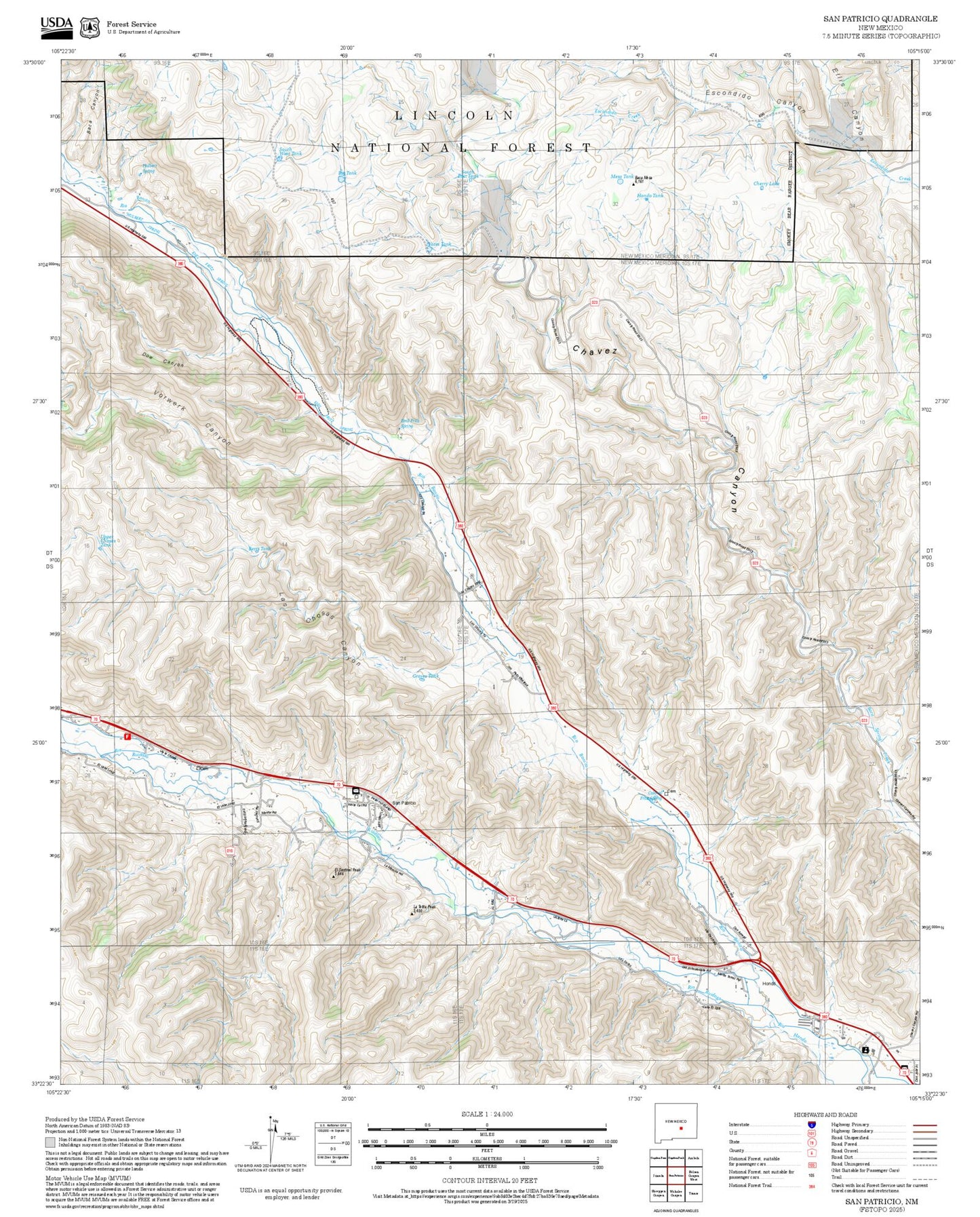 2025 Forest Service Topo Map of San Patricio New Mexico