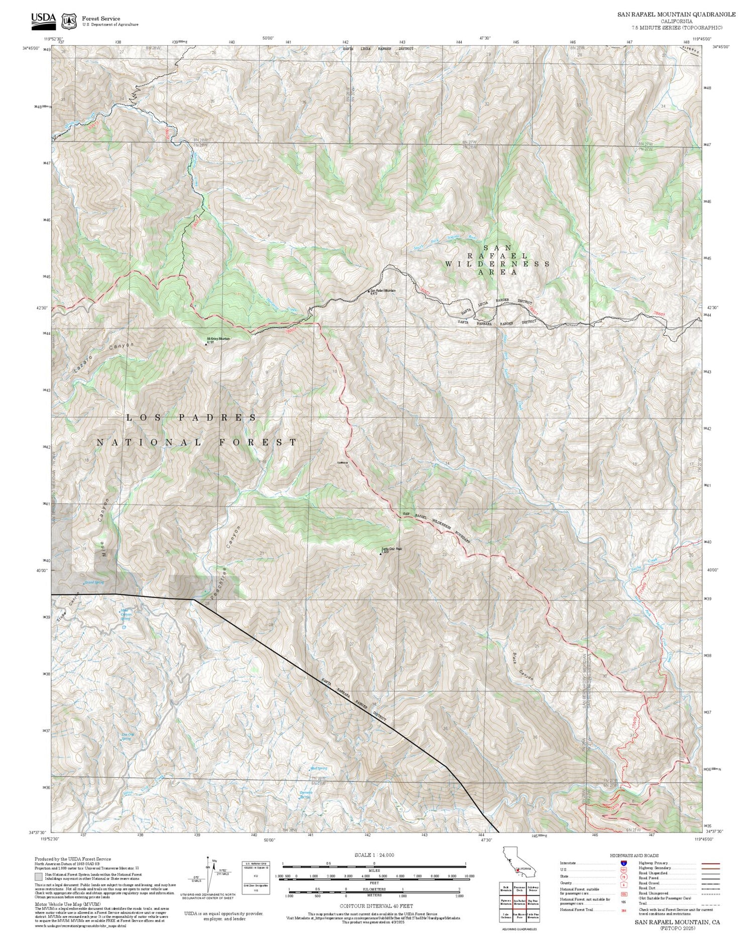 2025 Forest Service Topo Map of San Rafael Mountain California