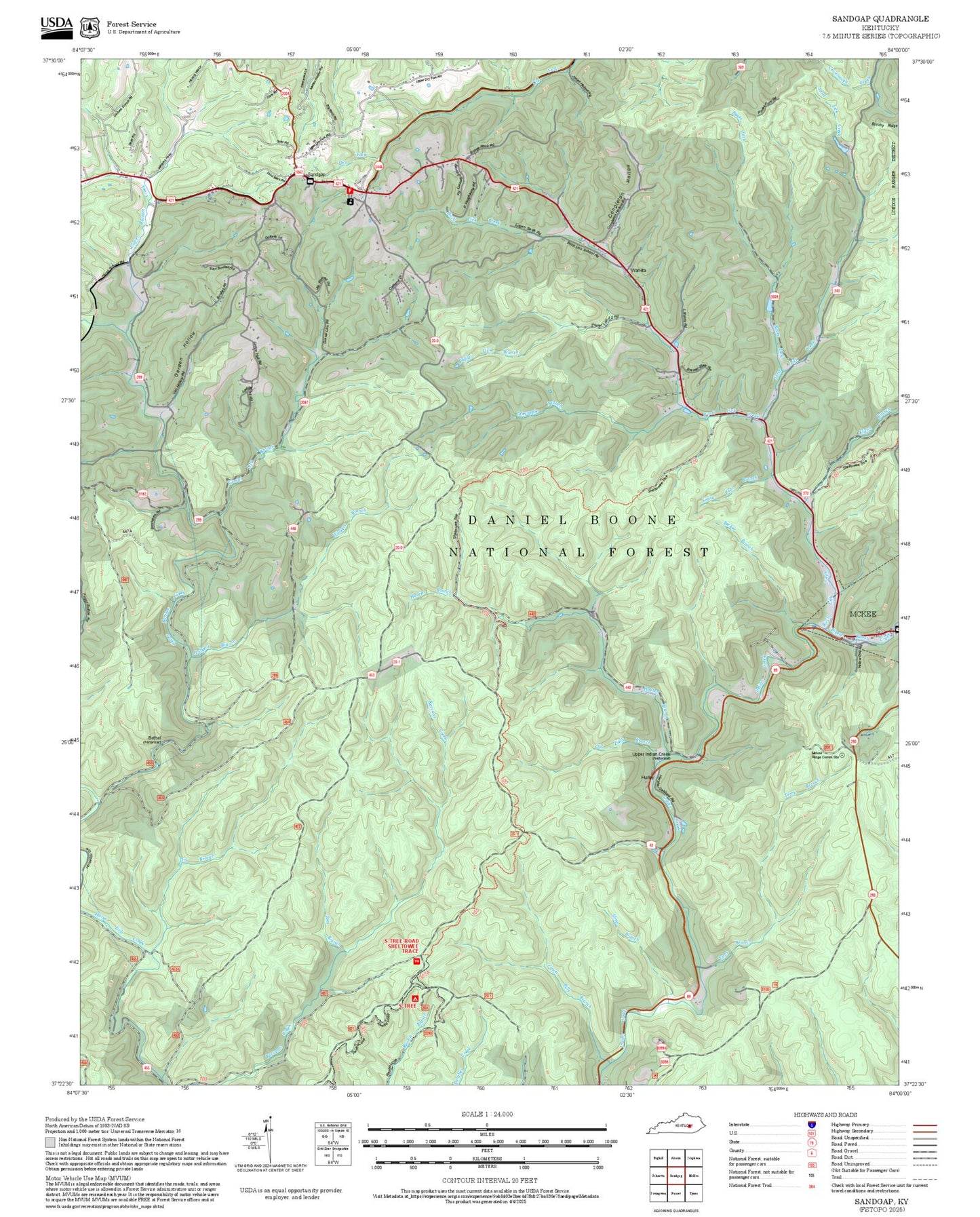2025 Forest Service Topo Map of Sandgap Kentucky