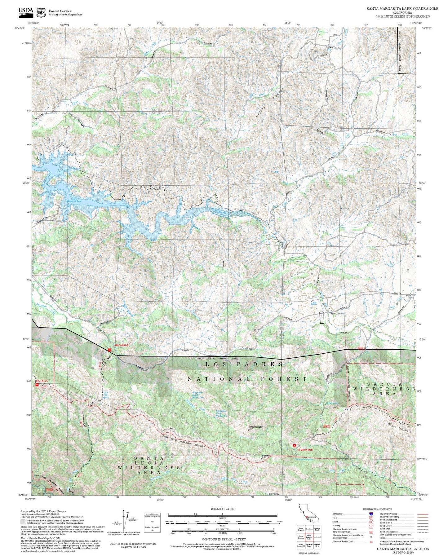 2025 Forest Service Topo Map of Santa Margarita Lake California