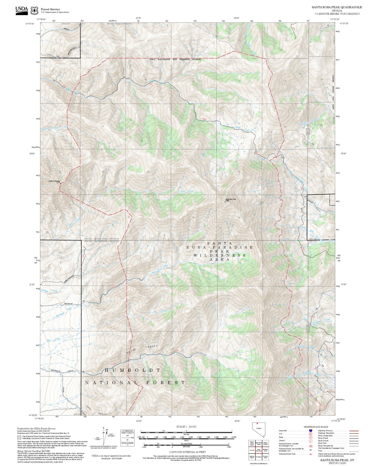 2025 Forest Service Topo Map of Santa Rosa Peak Nevada