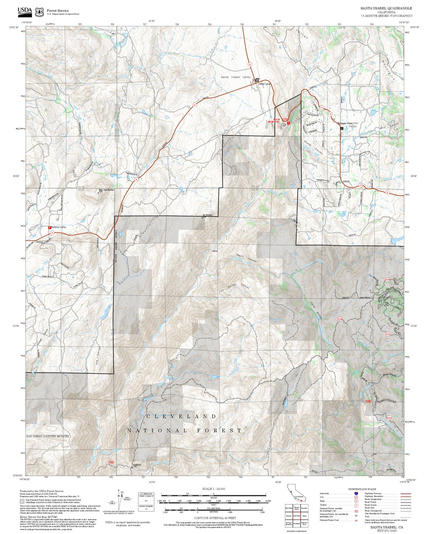 2025 Forest Service Topo Map of Santa Ysabel California