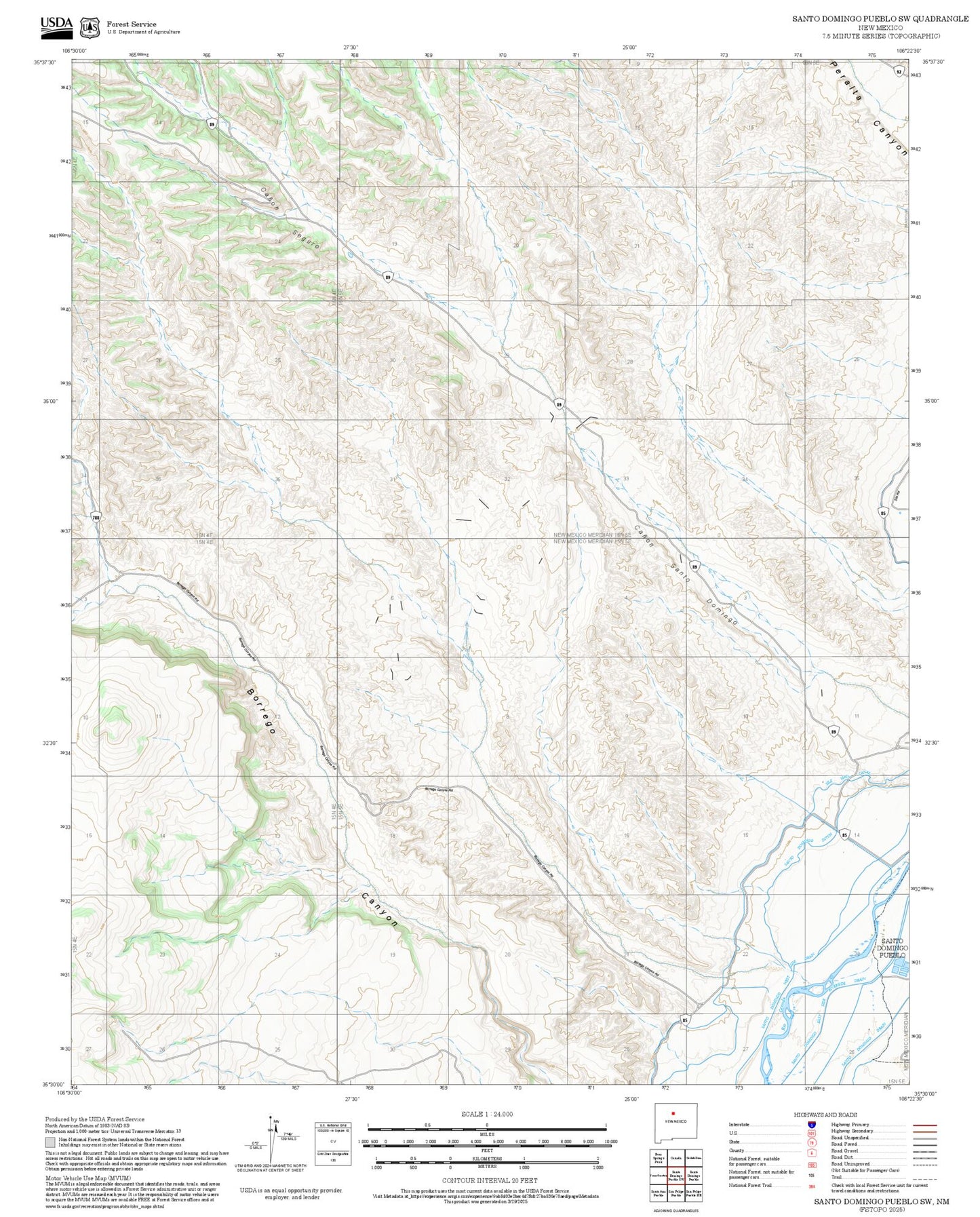 2025 Forest Service Topo Map of Santo Domingo Pueblo SW New Mexico