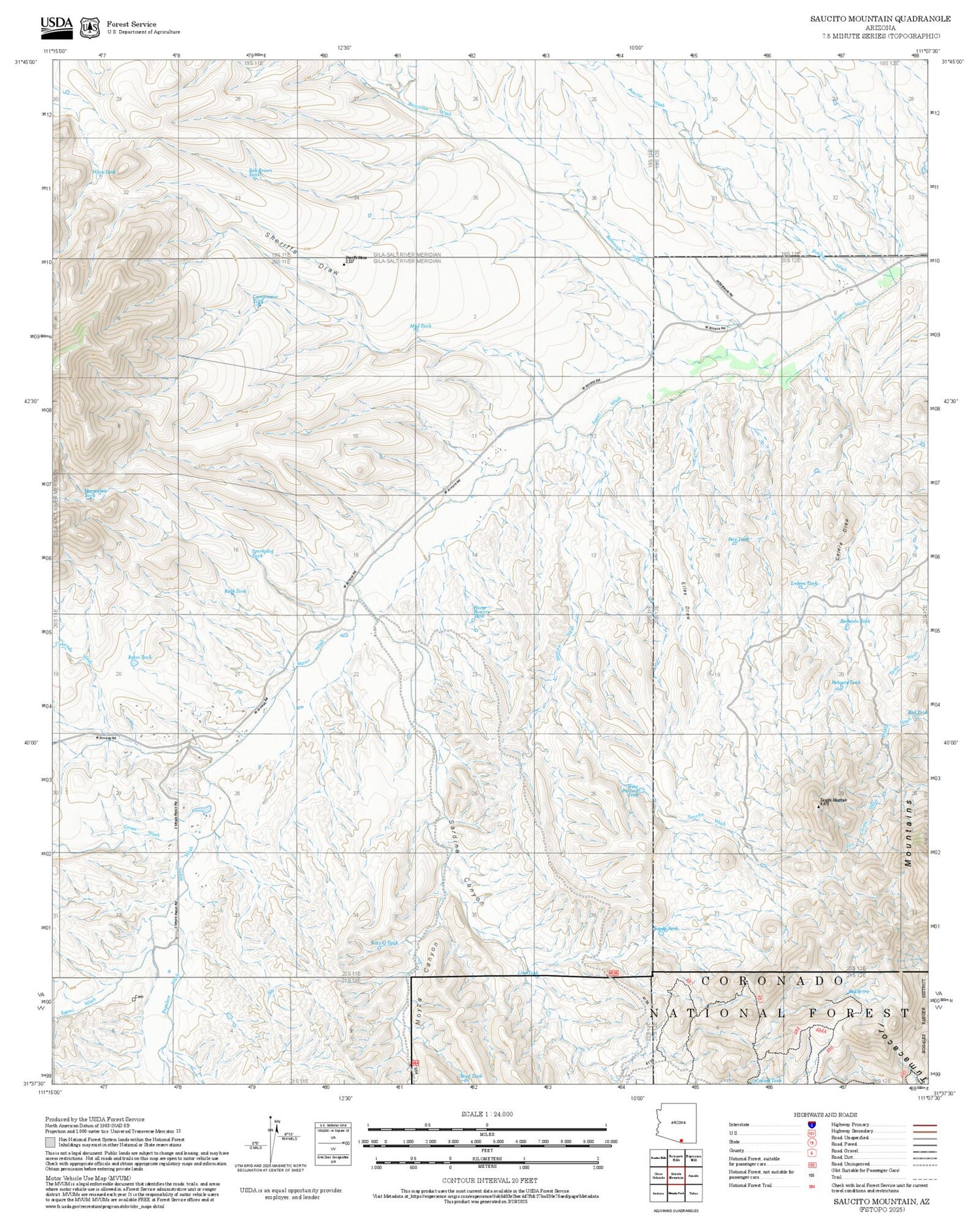 2025 Forest Service Topo Map of Saucito Mountain Arizona