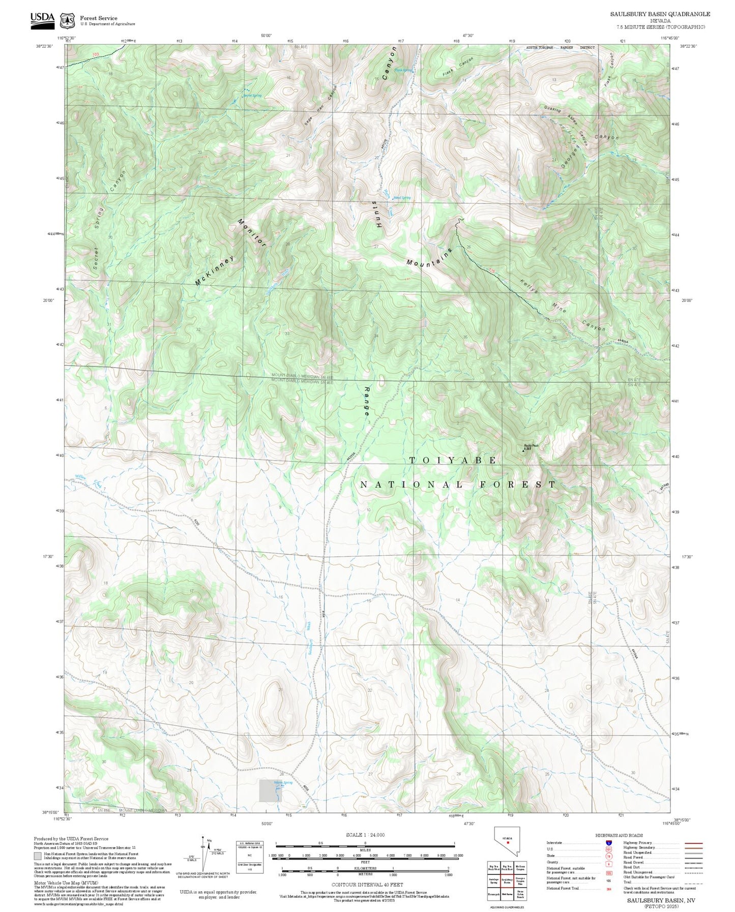 2025 Forest Service Topo Map of Saulsbury Basin Nevada