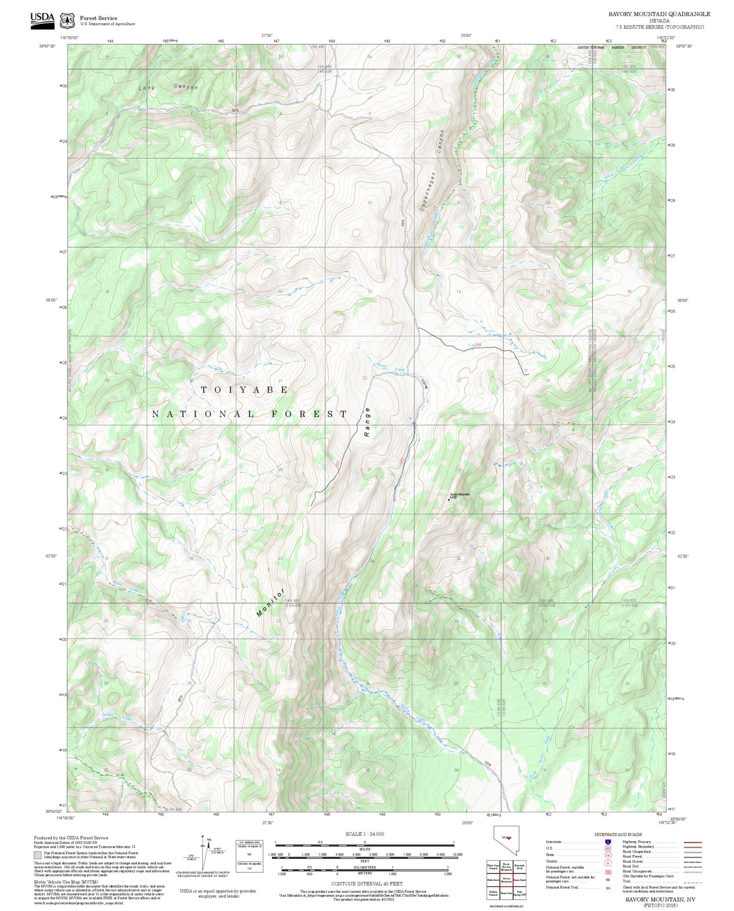 2025 Forest Service Topo Map of Savory Mountain Nevada