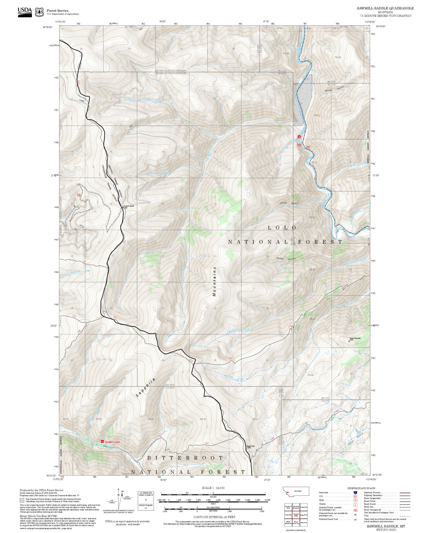2025 Forest Service Topo Map of Sawmill Saddle Montana