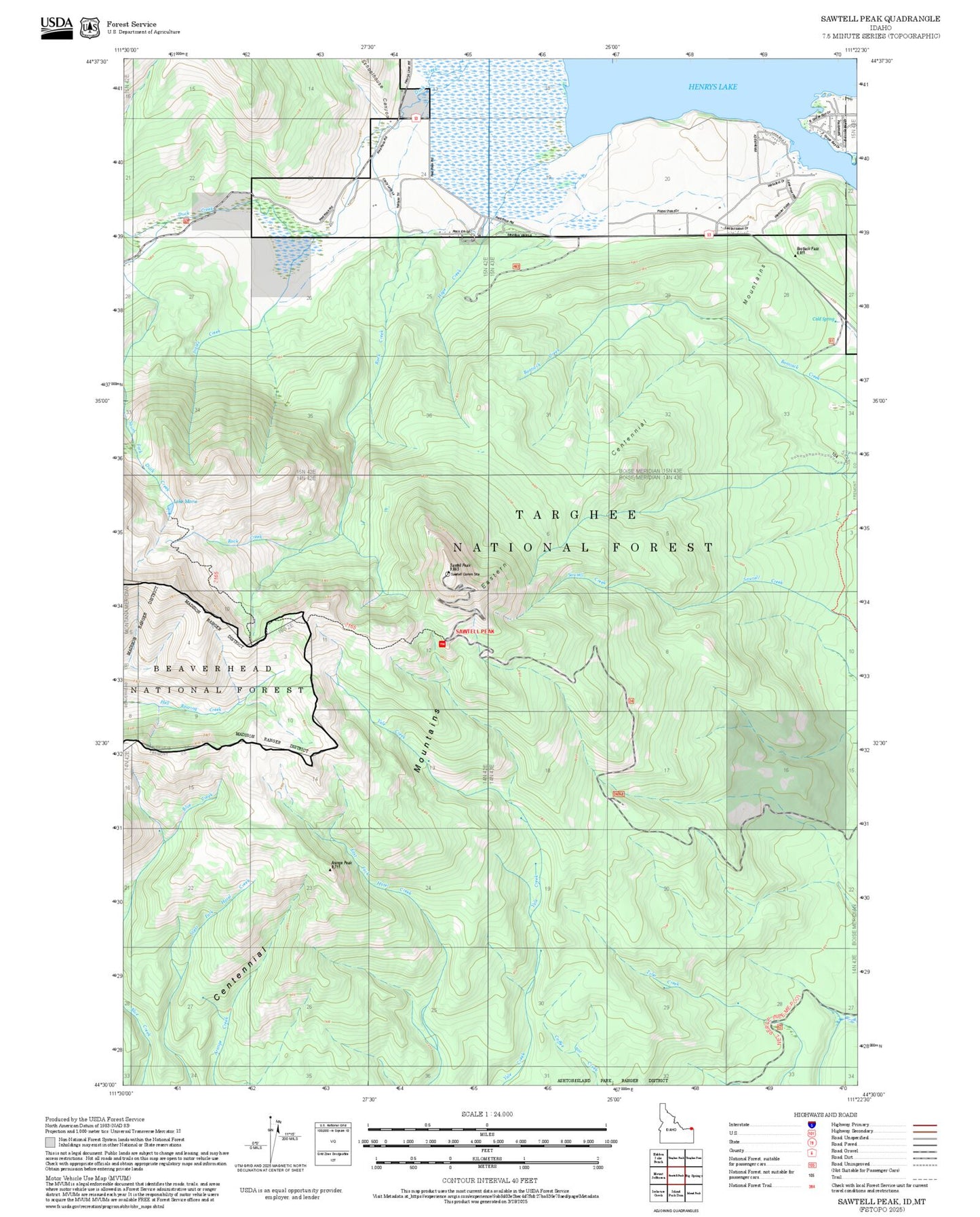 2025 Forest Service Topo Map of Sawtell Peak Idaho