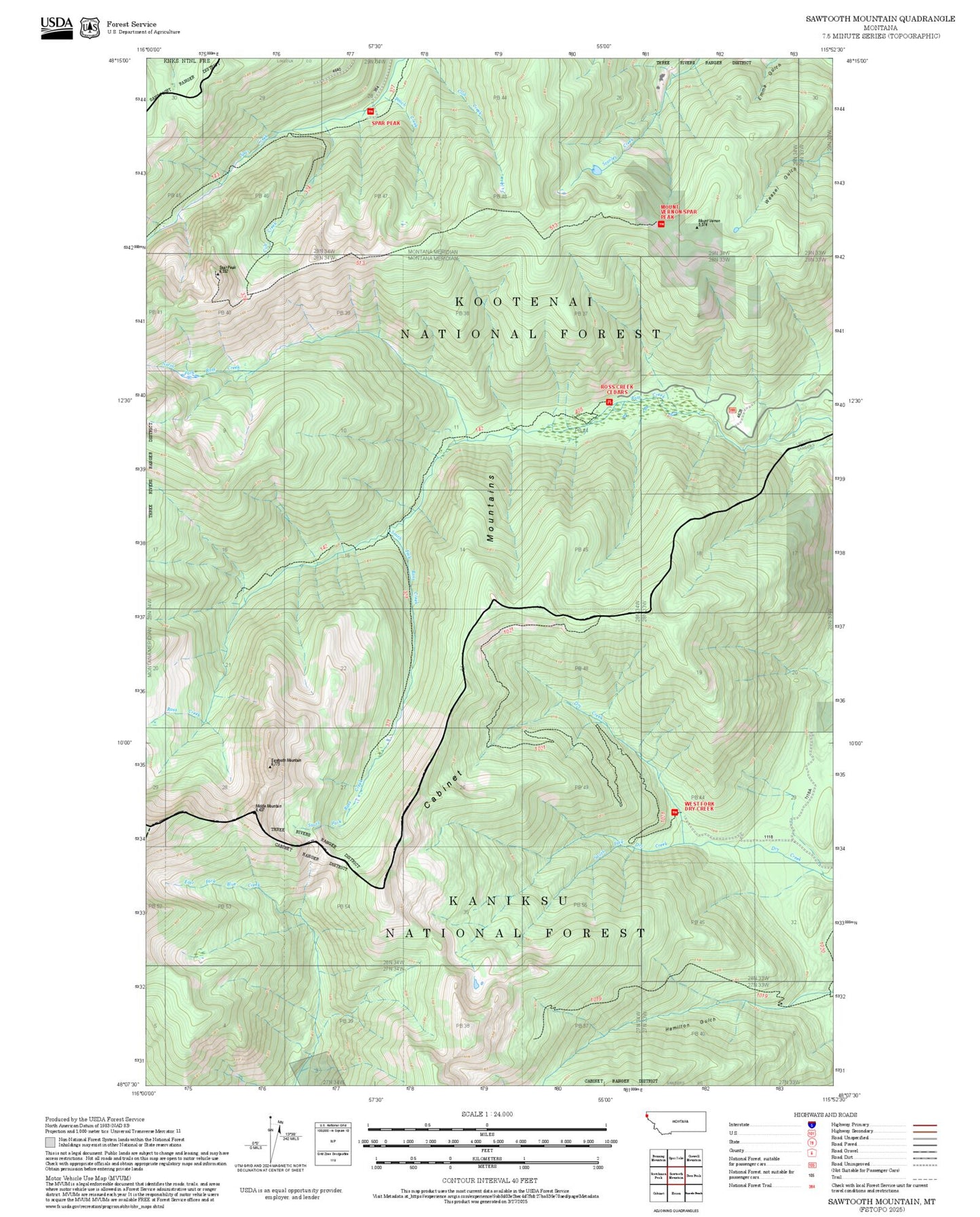 2025 Forest Service Topo Map of Sawtooth Mountain Montana