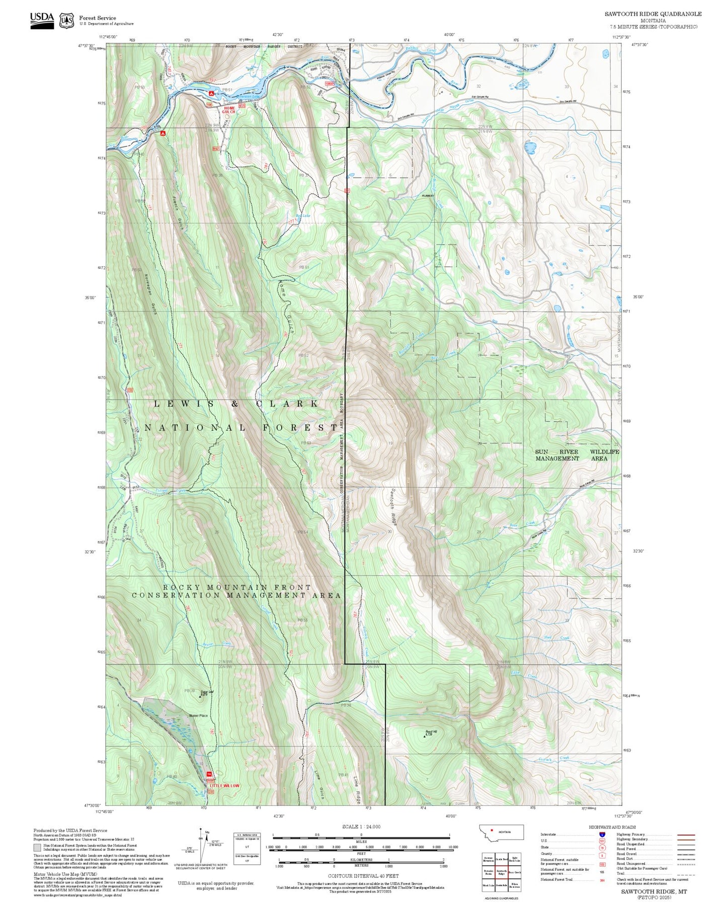 2025 Forest Service Topo Map of Sawtooth Ridge Montana