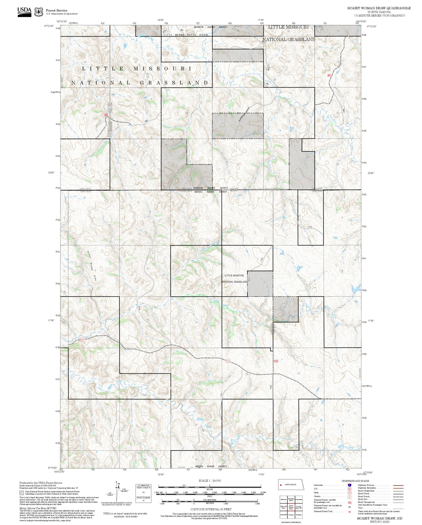 2025 Forest Service Topo Map of Scairt Woman Draw North Dakota