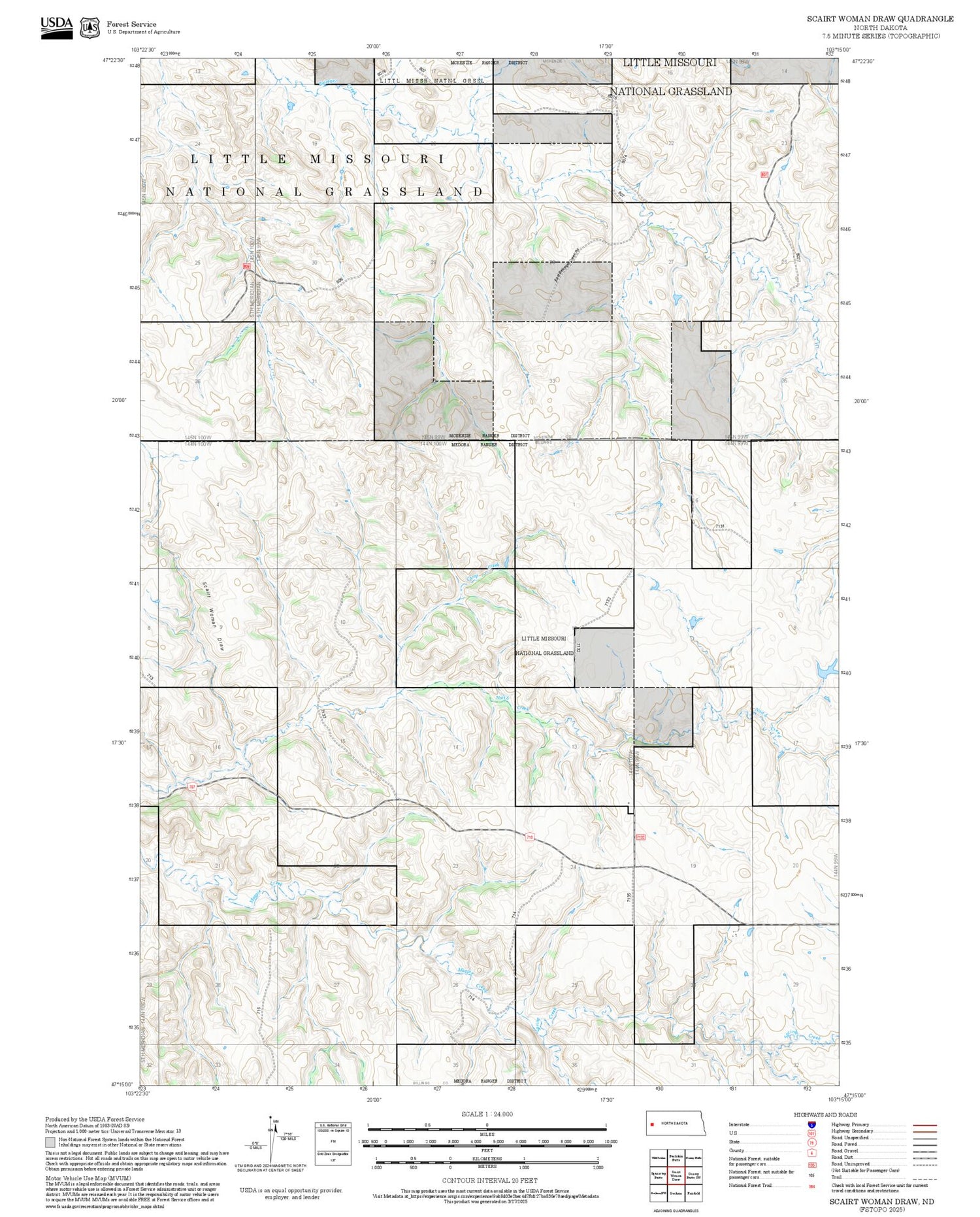 2025 Forest Service Topo Map of Scairt Woman Draw North Dakota