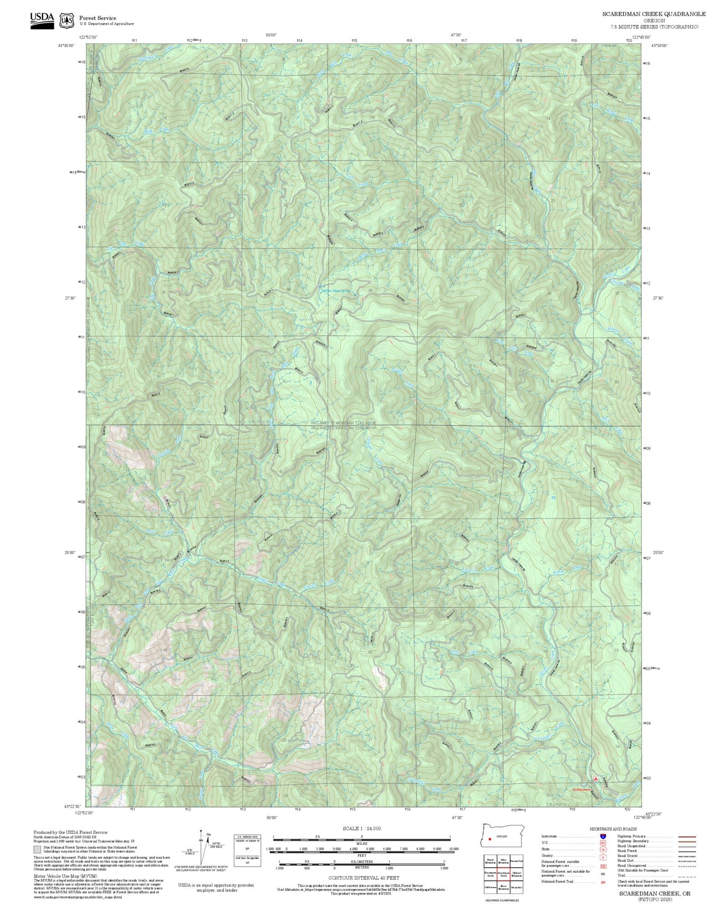 2025 Forest Service Topo Map of Scaredman Creek Oregon