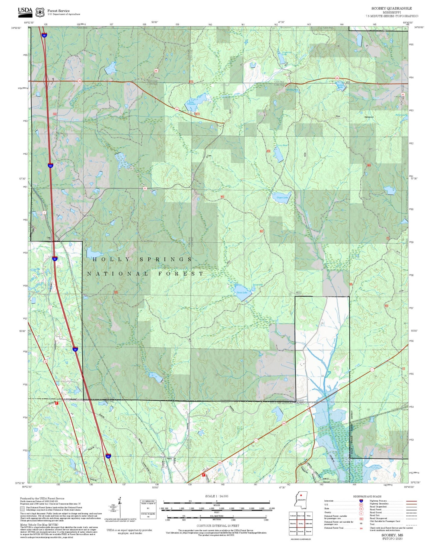 2025 Forest Service Topo Map of Scobey Mississippi