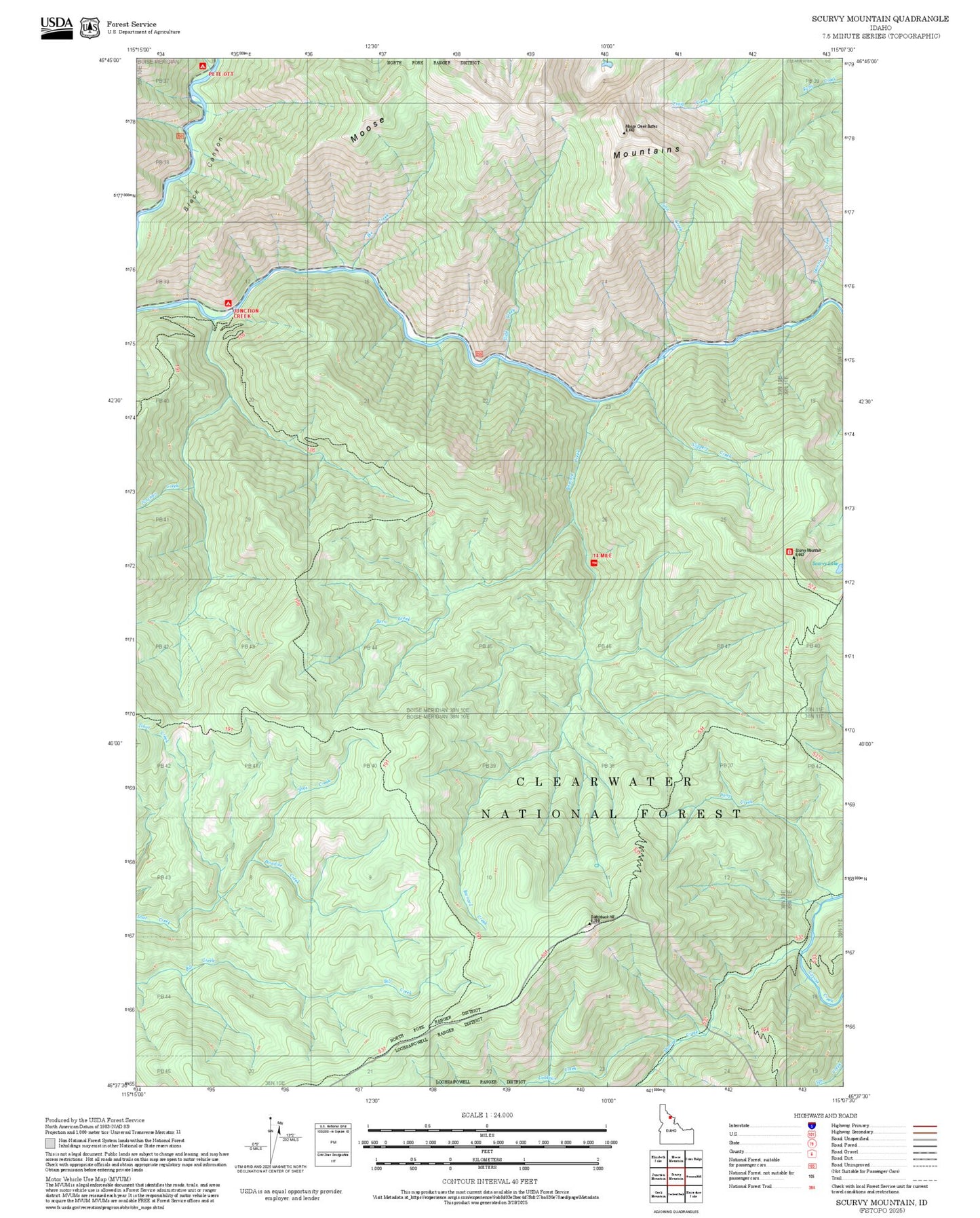 2025 Forest Service Topo Map of Scurvy Mountain Idaho