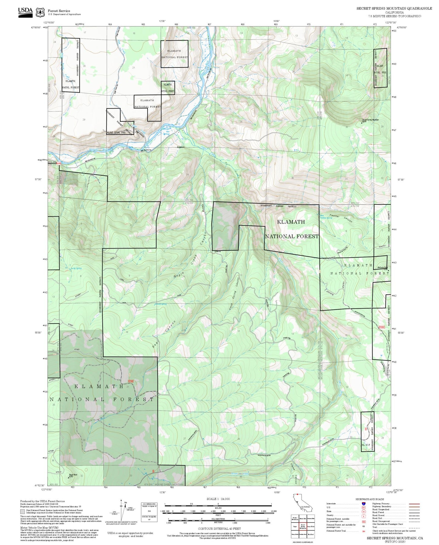 2025 Forest Service Topo Map of Secret Spring Mountain California