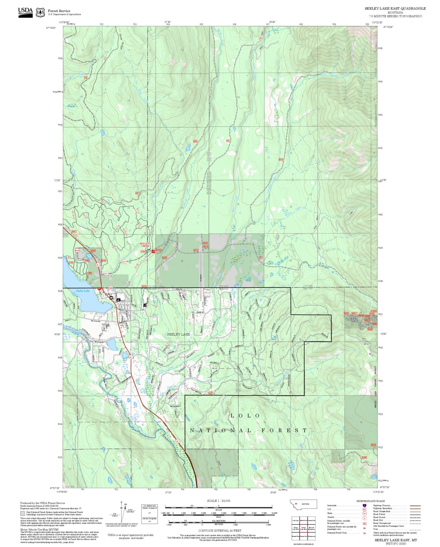 2025 Forest Service Topo Map of Seeley Lake East Montana
