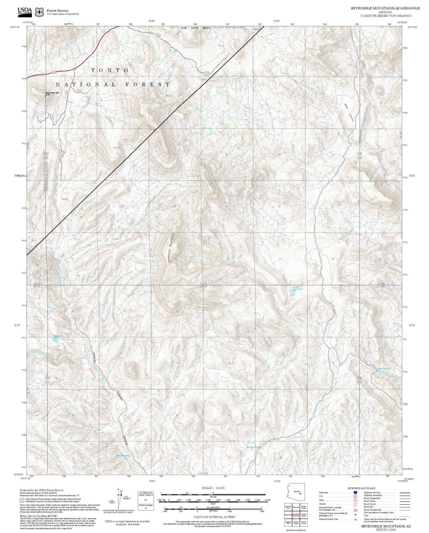 2025 Forest Service Topo Map of Sevenmile Mountains Arizona