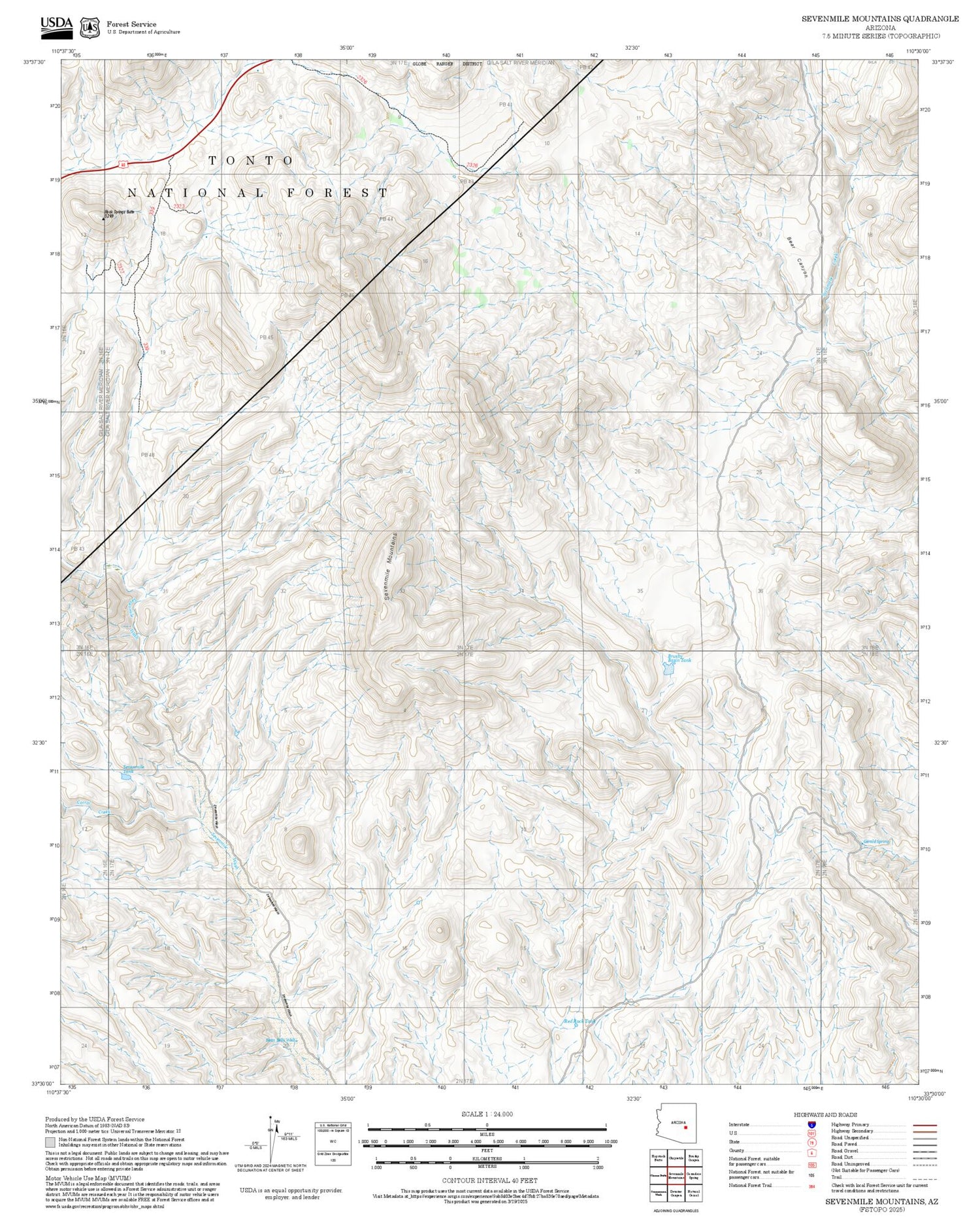 2025 Forest Service Topo Map of Sevenmile Mountains Arizona