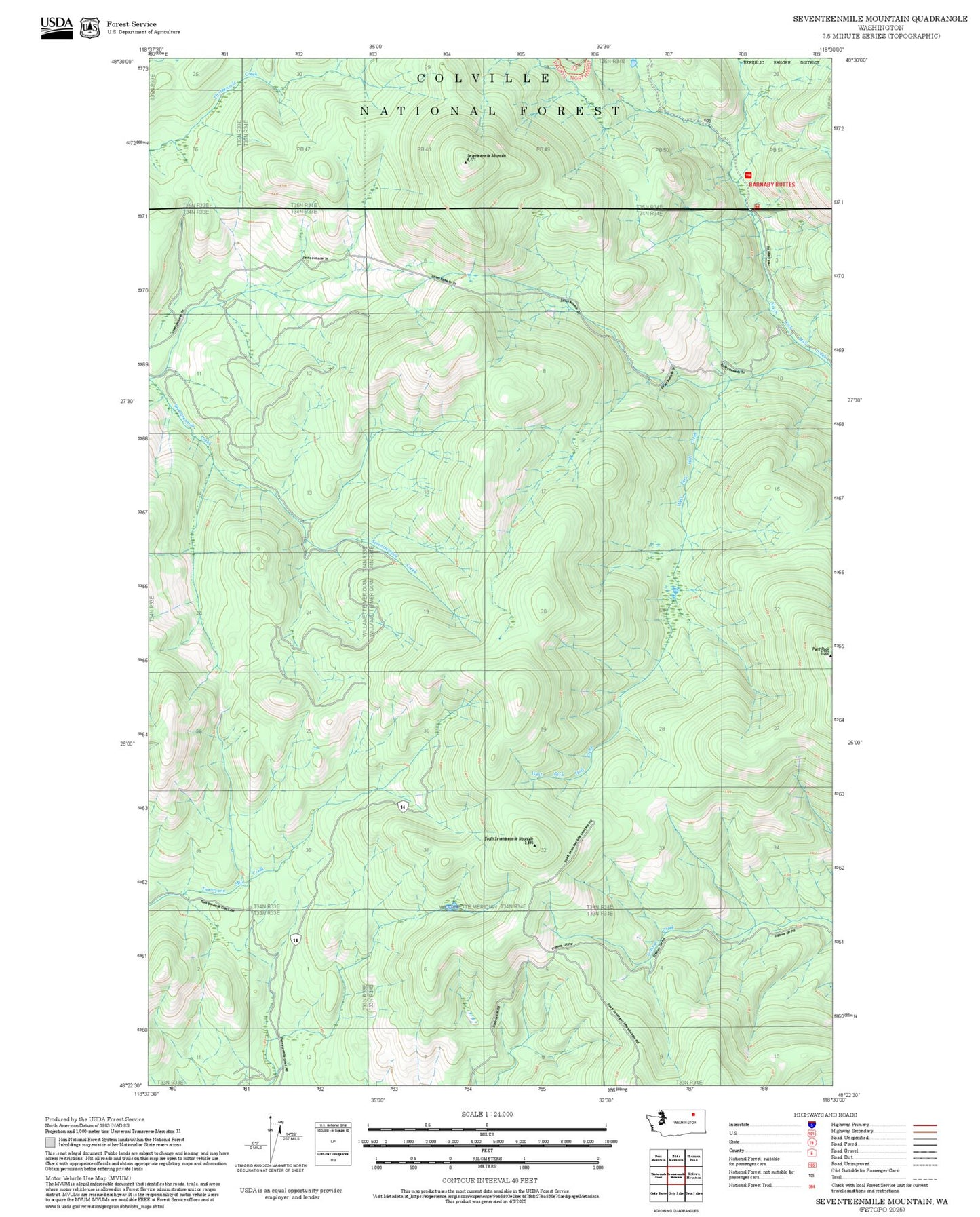 2025 Forest Service Topo Map of Seventeenmile Mountain Washington