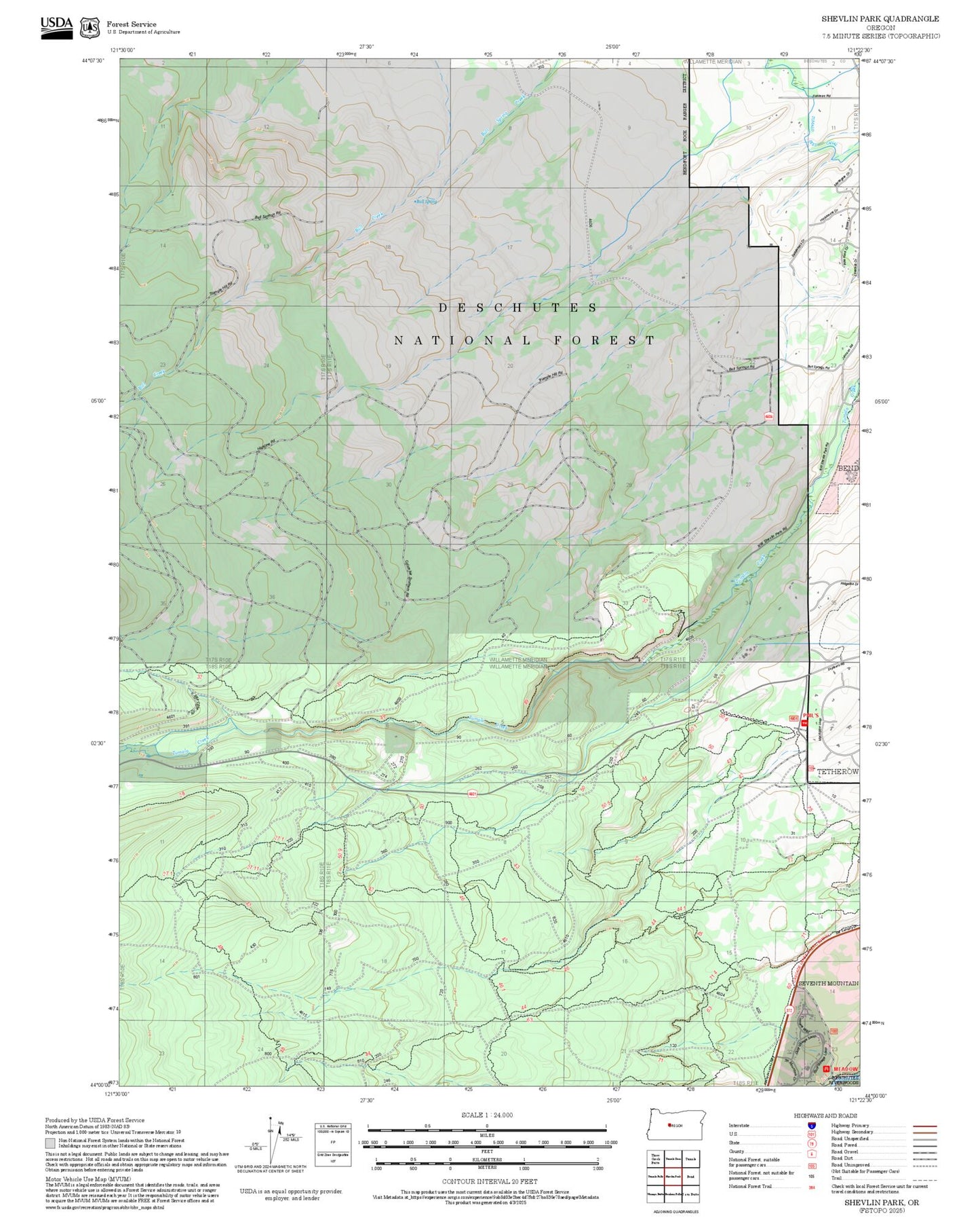 2025 Forest Service Topo Map of Shevlin Park Oregon
