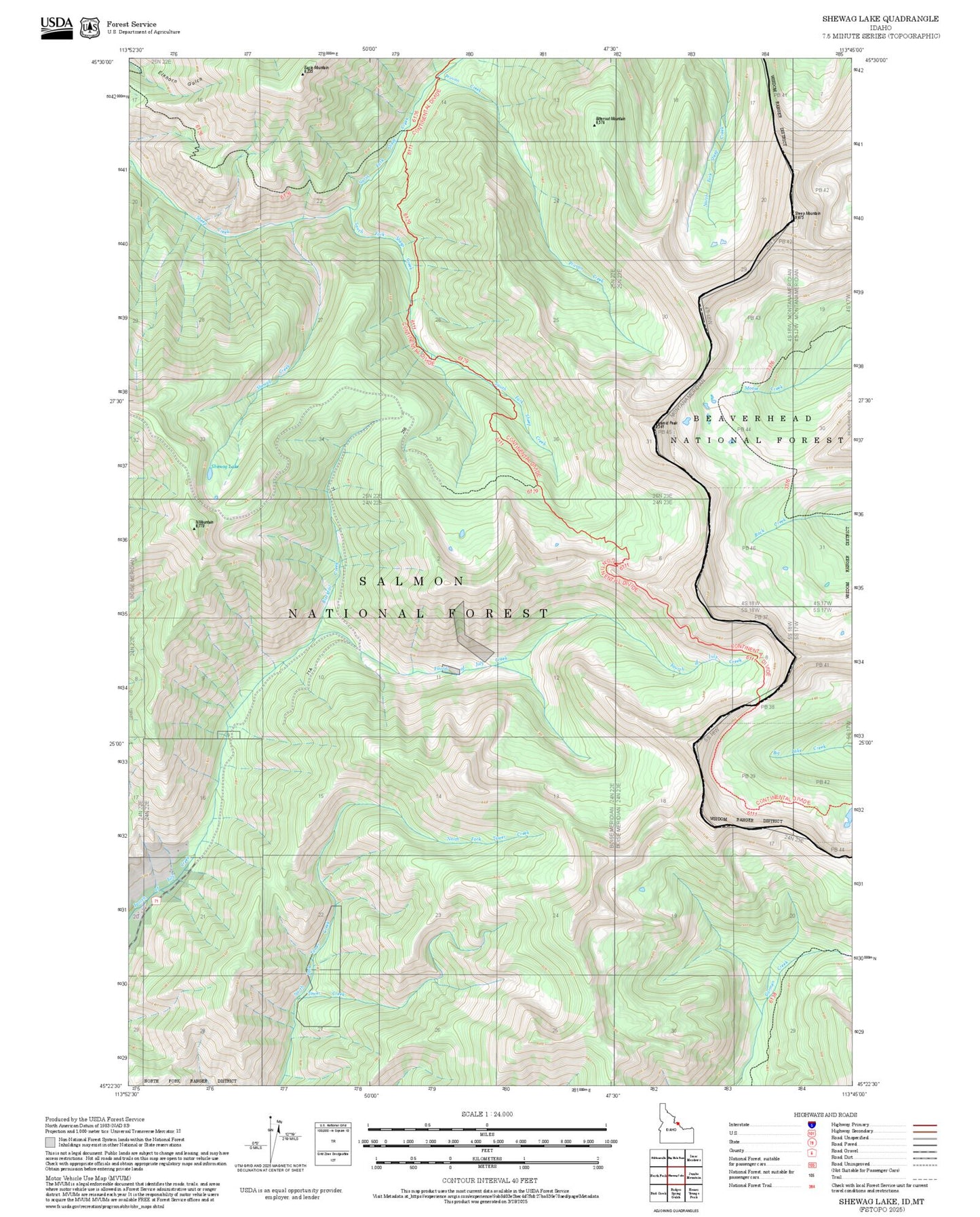 2025 Forest Service Topo Map of Shewag Lake Idaho