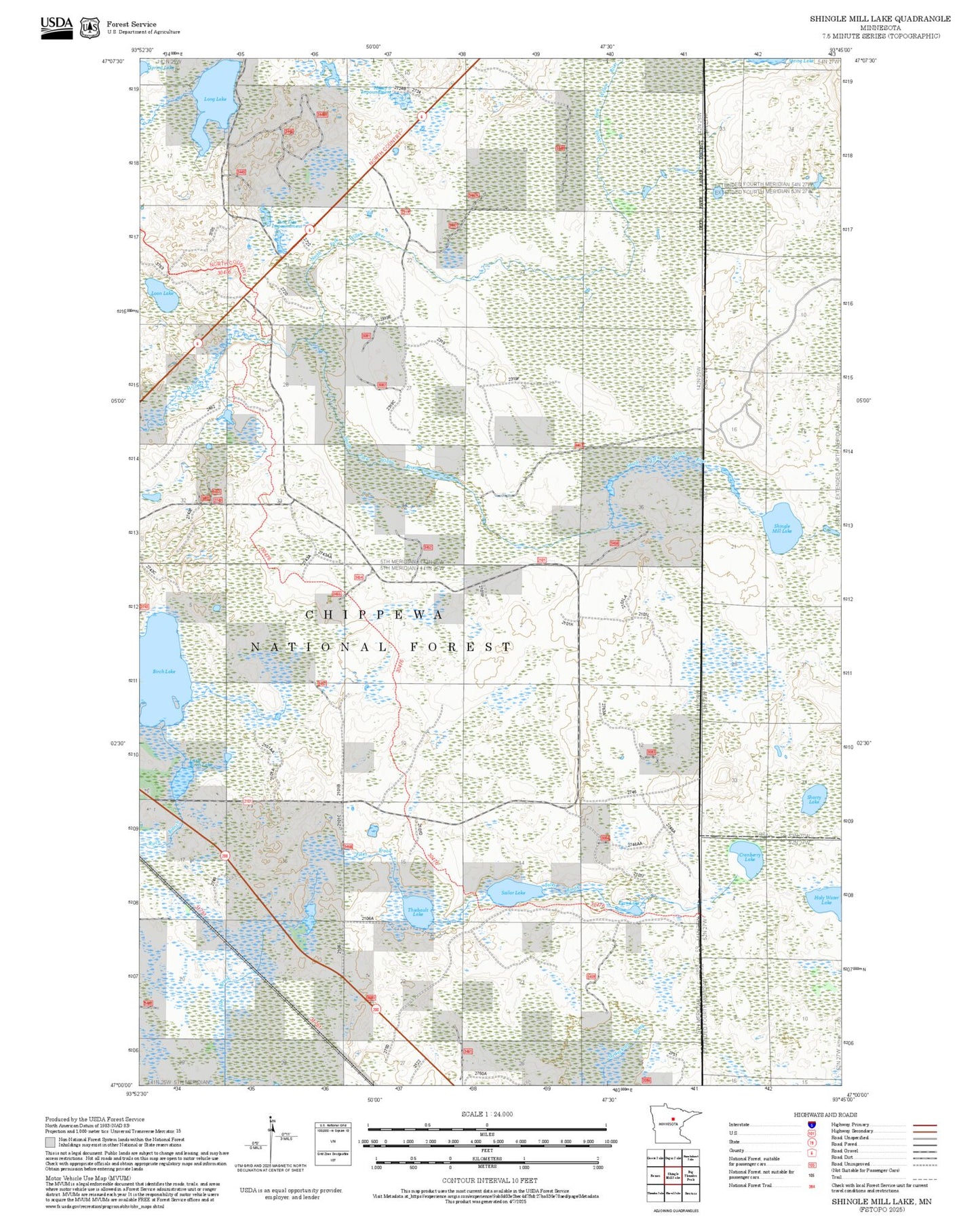 2025 Forest Service Topo Map of Shingle Mill Lake Minnesota