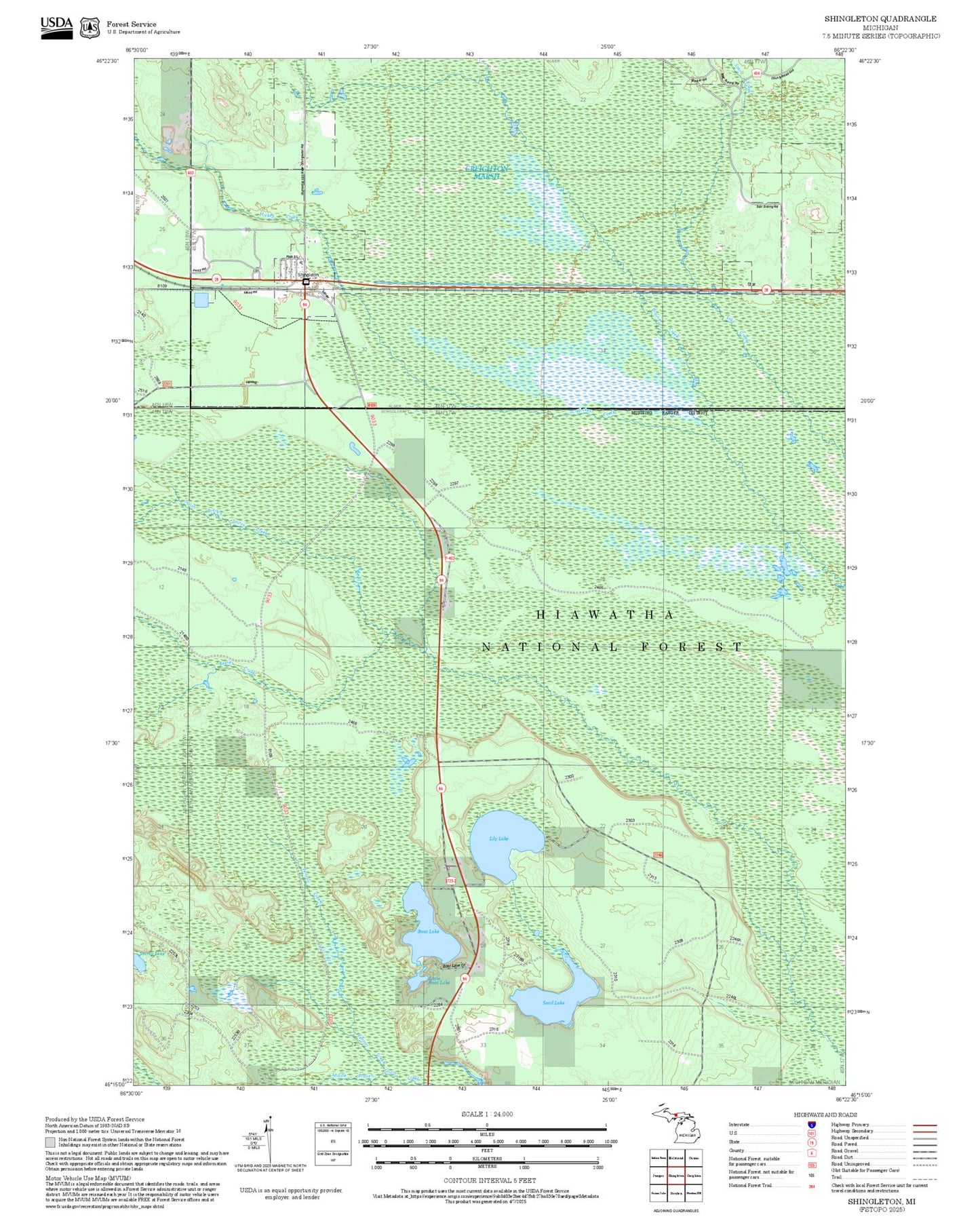 2025 Forest Service Topo Map of Shingleton Michigan