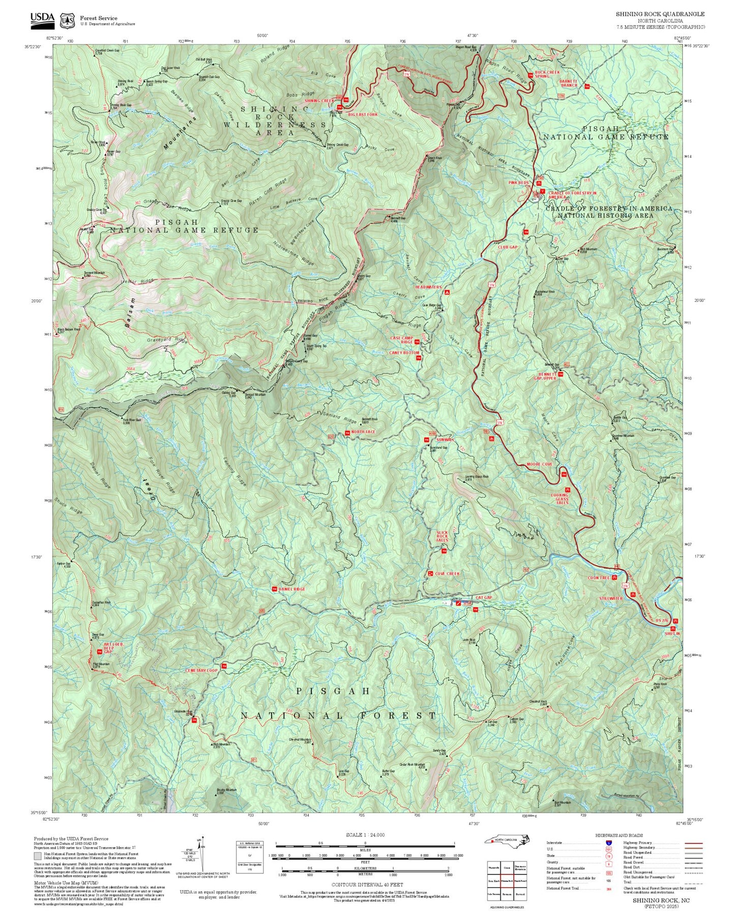 2025 Forest Service Topo Map of Shining Rock North Carolina