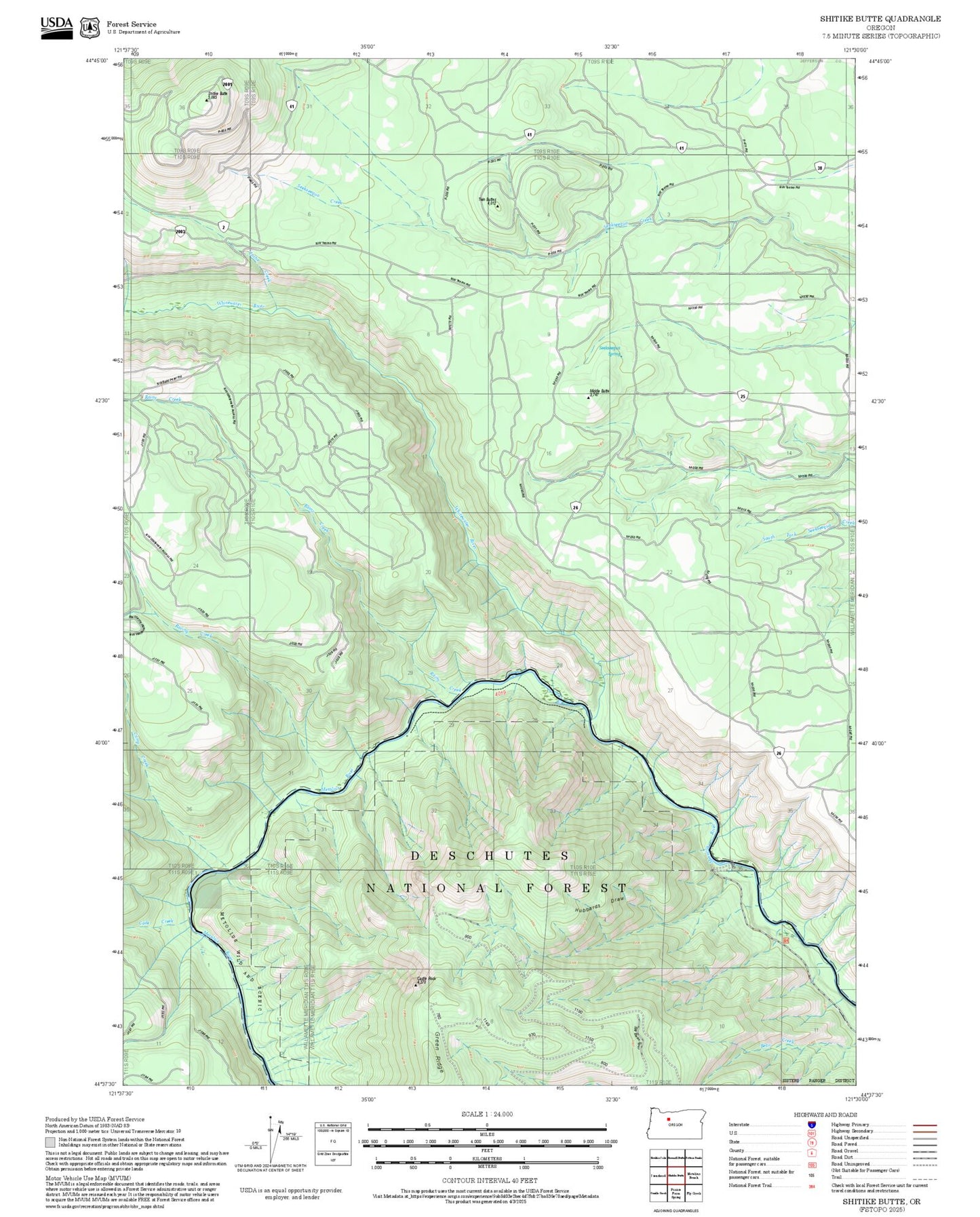 2025 Forest Service Topo Map of Shitike Butte Oregon