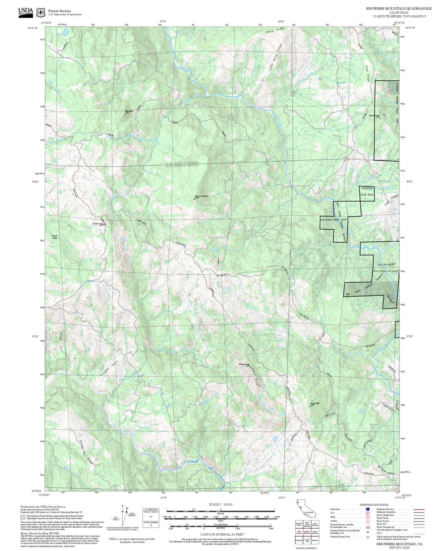 2025 Forest Service Topo Map of Showers Mountain California
