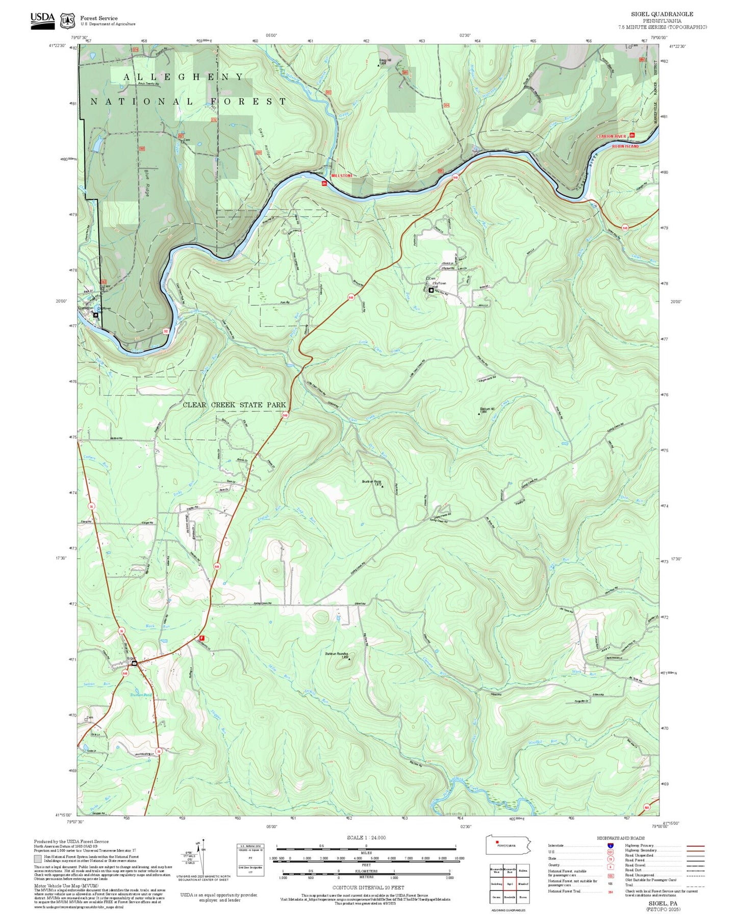 2025 Forest Service Topo Map of Sigel Pennsylvania