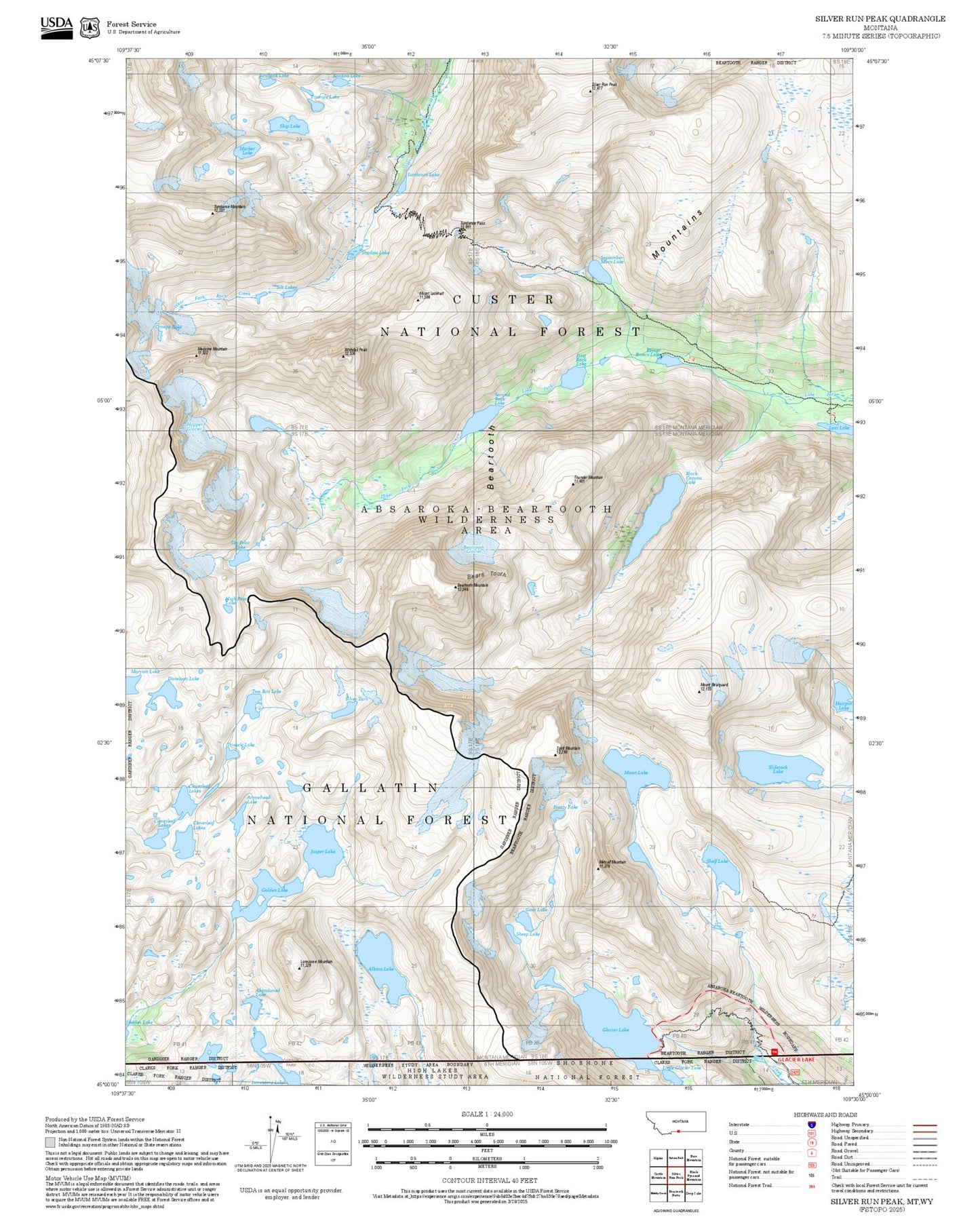 2025 Forest Service Topo Map of Silver Run Peak Montana